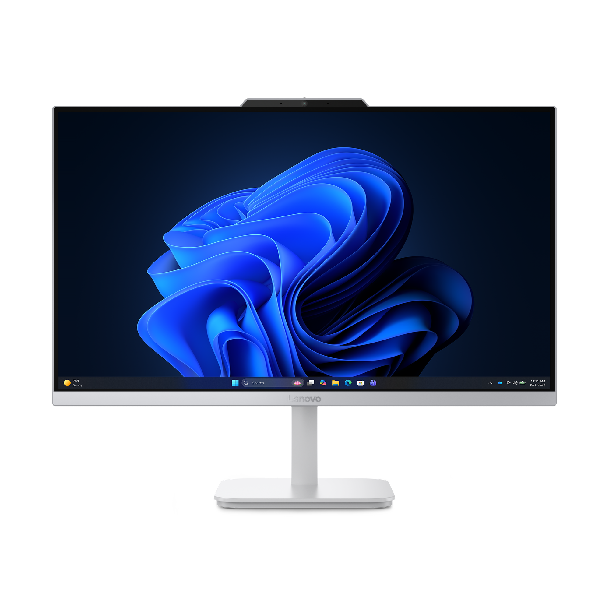 Ein weißer Lenovo Monitor zeigt ein blaues abstraktes Hintergrundbild und die Windows-Taskleiste.