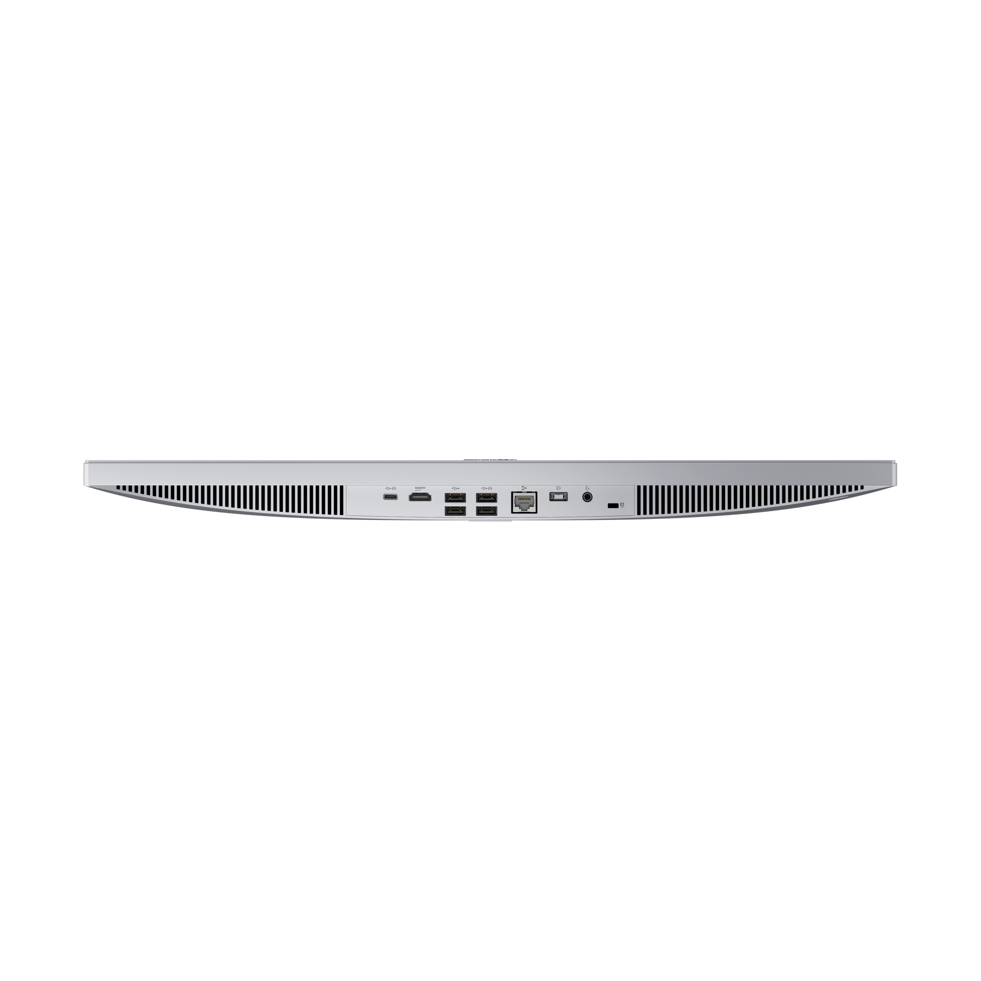 Silberne Rückseite eines Monitors mit Anschlüssen: USB-C, HDMI, USB-A, Ethernet, Audio.