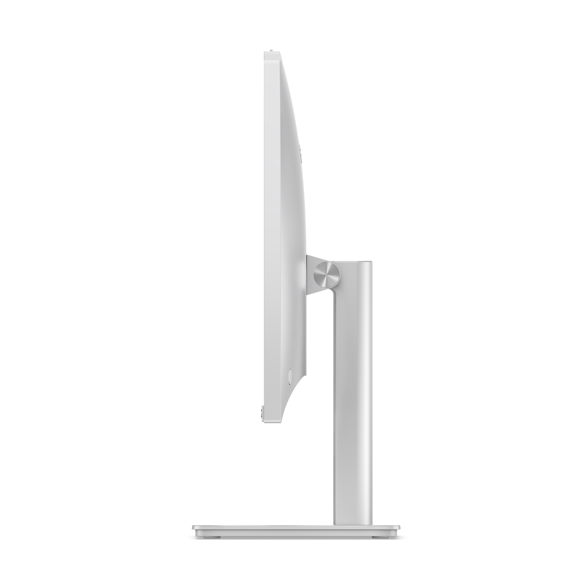 Eine weiße Computermonitorseite mit silbernem Gelenk und Sockel auf schwarzem Hintergrund.