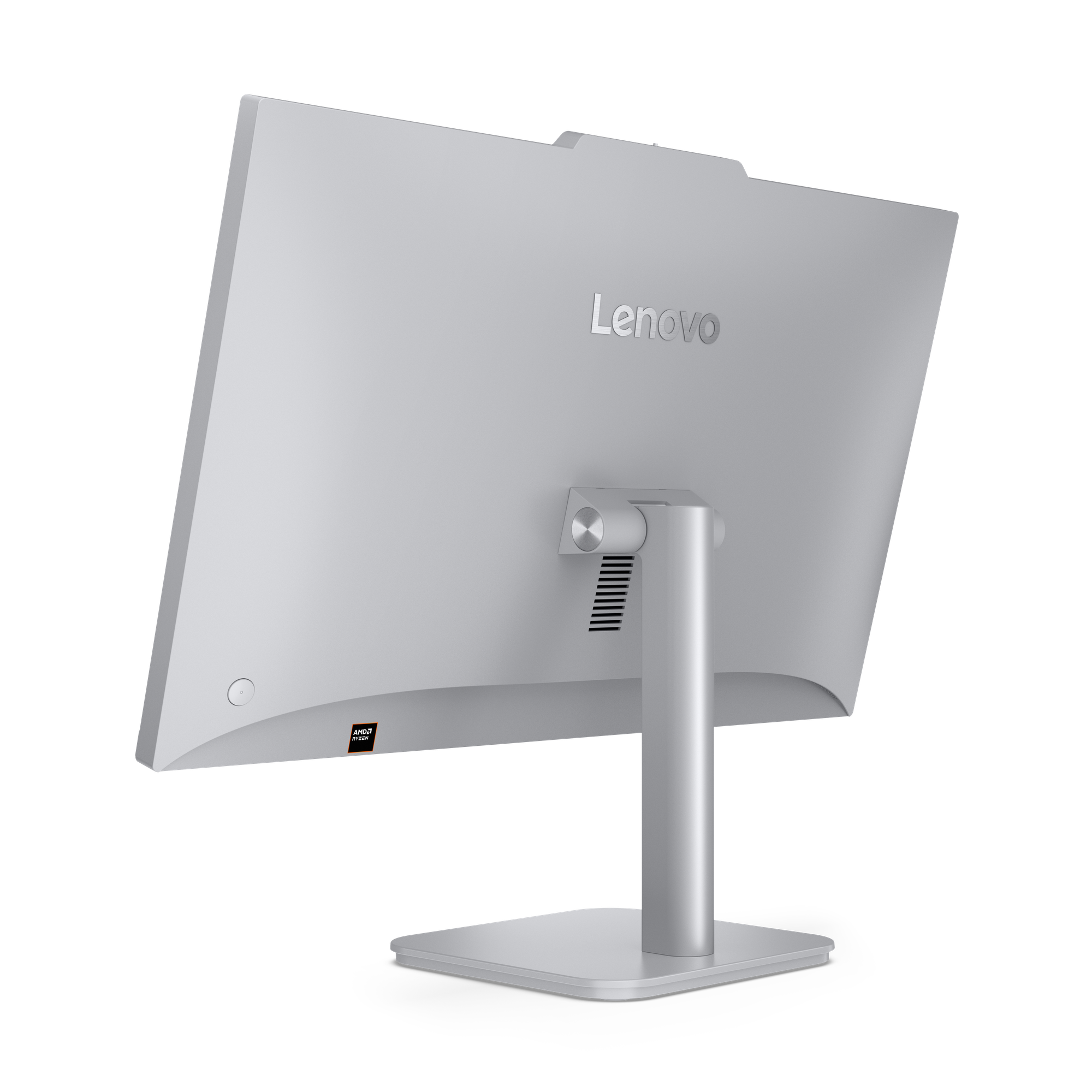 Rückseite eines silbernen Lenovo Monitors mit AMD Ryzen Logo und Lüftungsschlitzen.