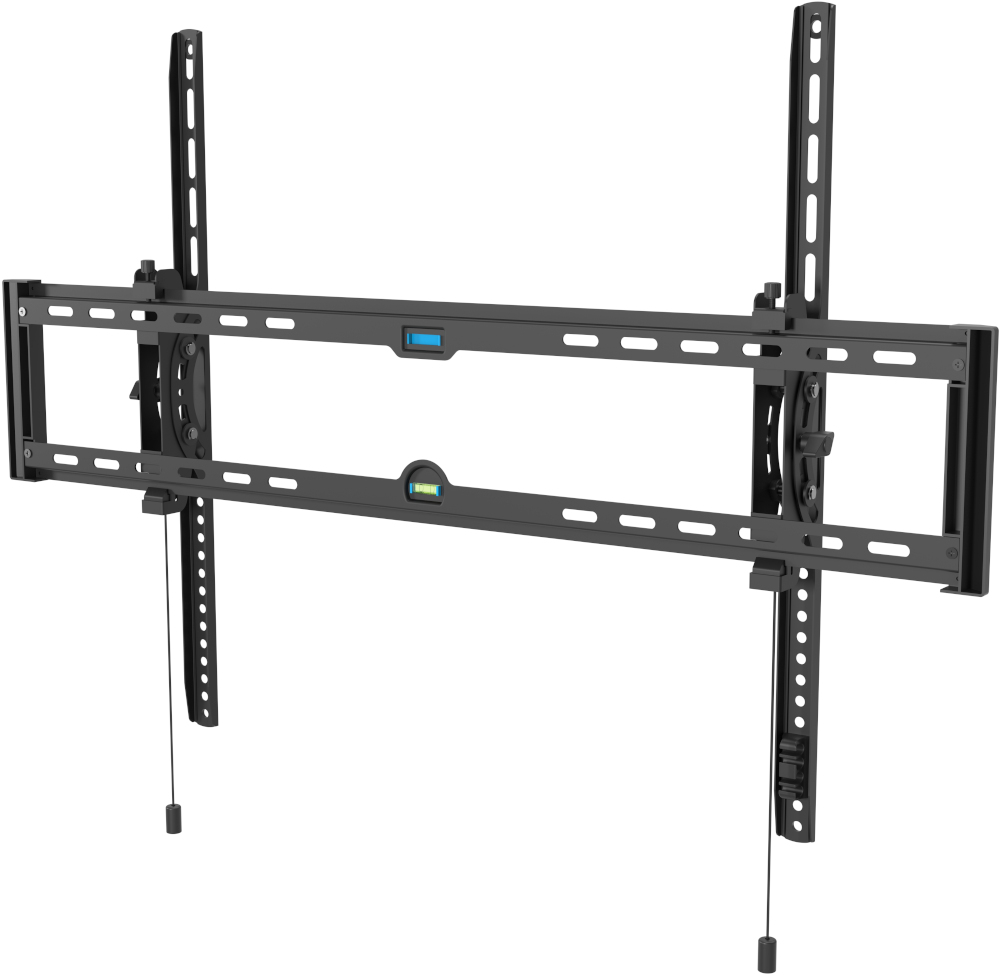 Zwarte wandmontagebeugel voor flatscreen-tv met twee waterpassen.