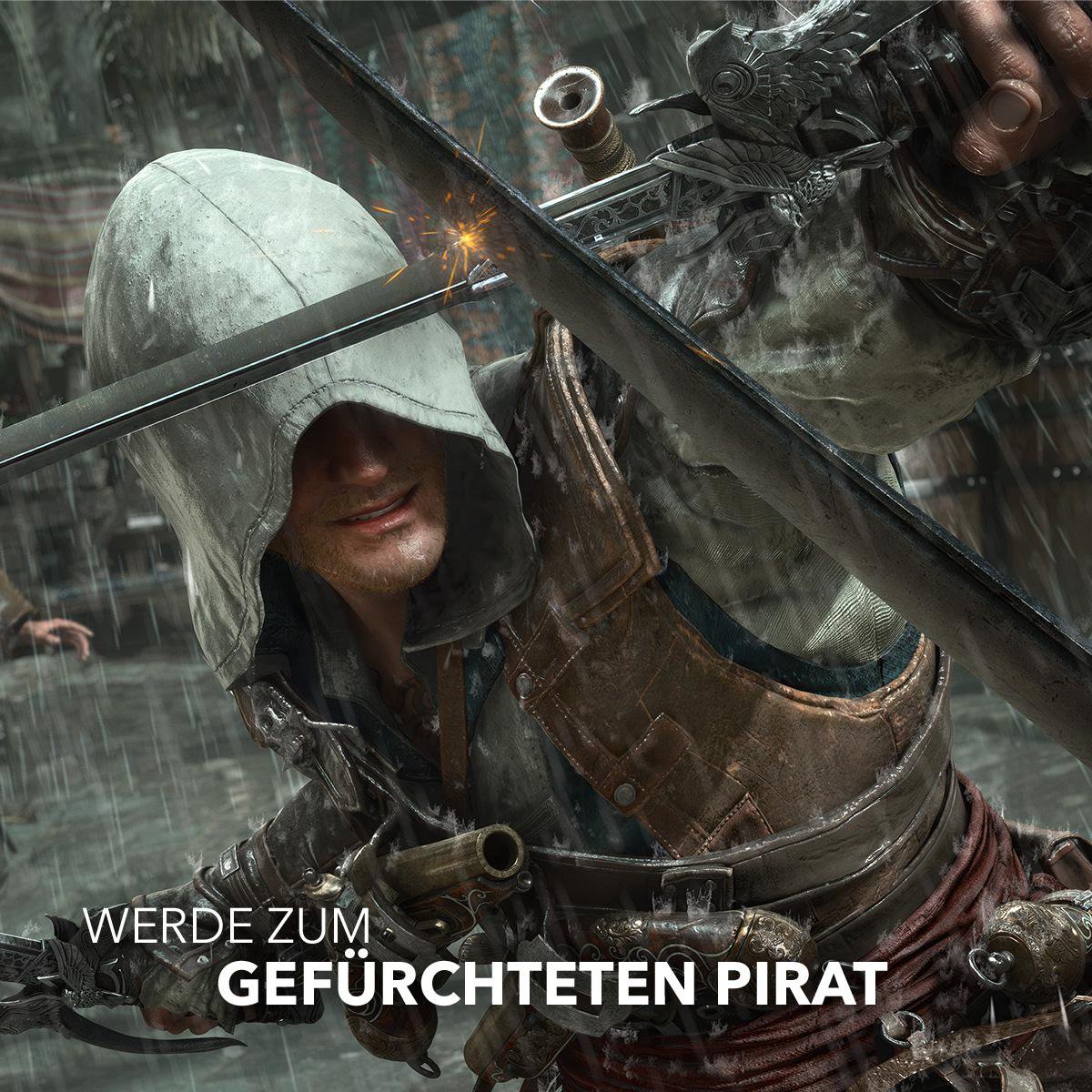 Ein Mann mit Kapuze greift zum Schwert, Regen fällt.