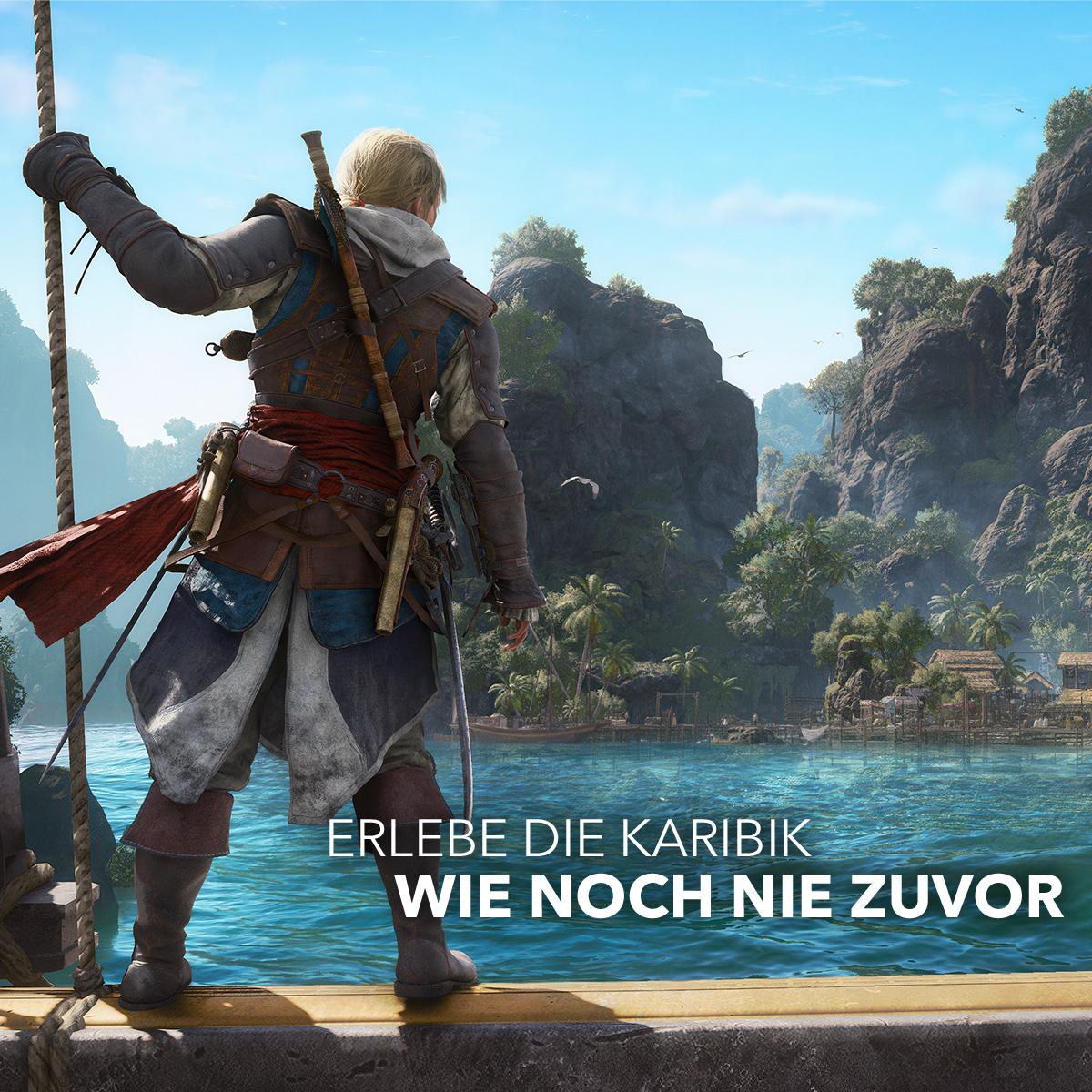 Ein Mann in Piratenkleidung steht auf einem Schiff und blickt auf eine tropische Insel.