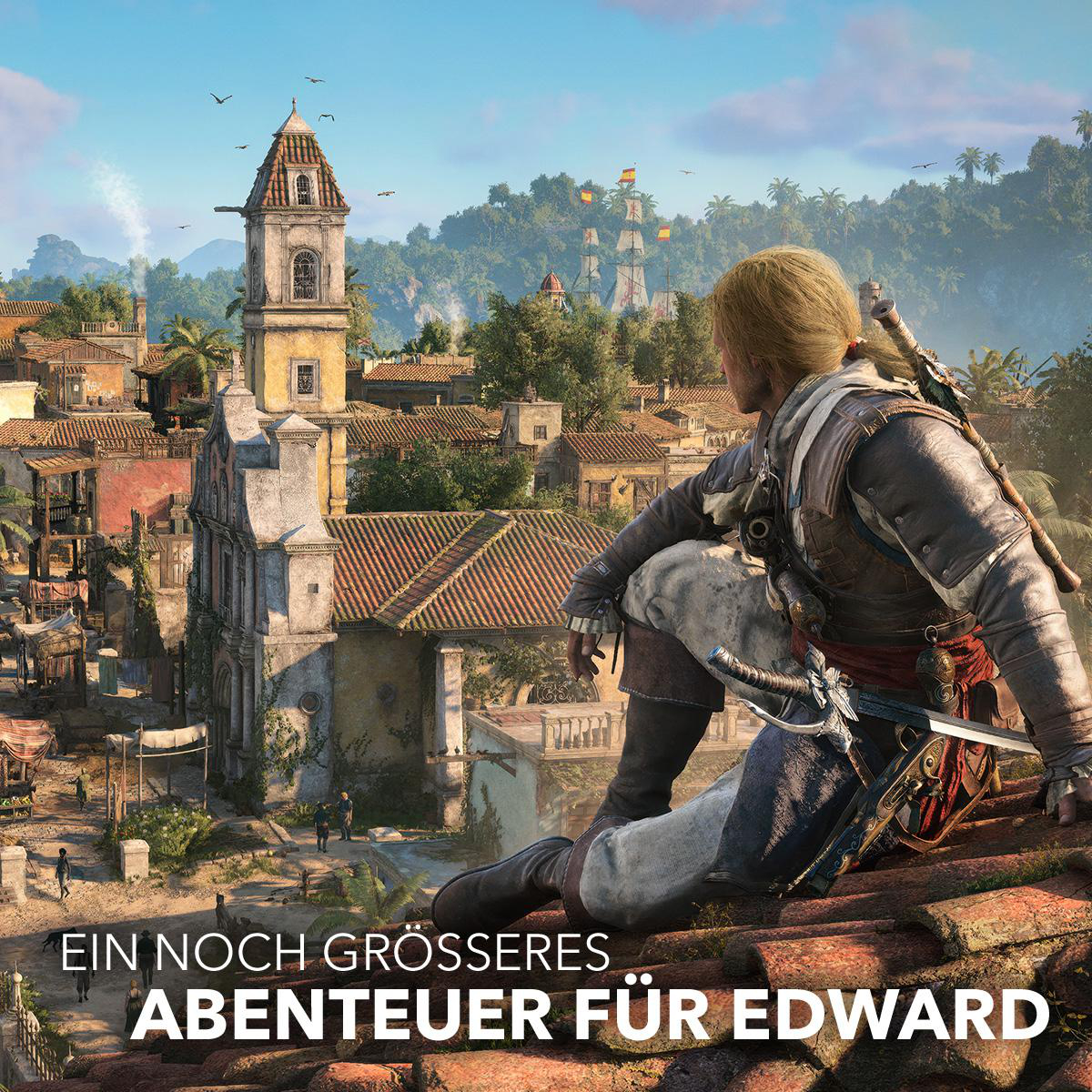 Ein Mann mit blondem Haar und Piratenkleidung sitzt auf einem Dach mit Blick auf eine Stadt.