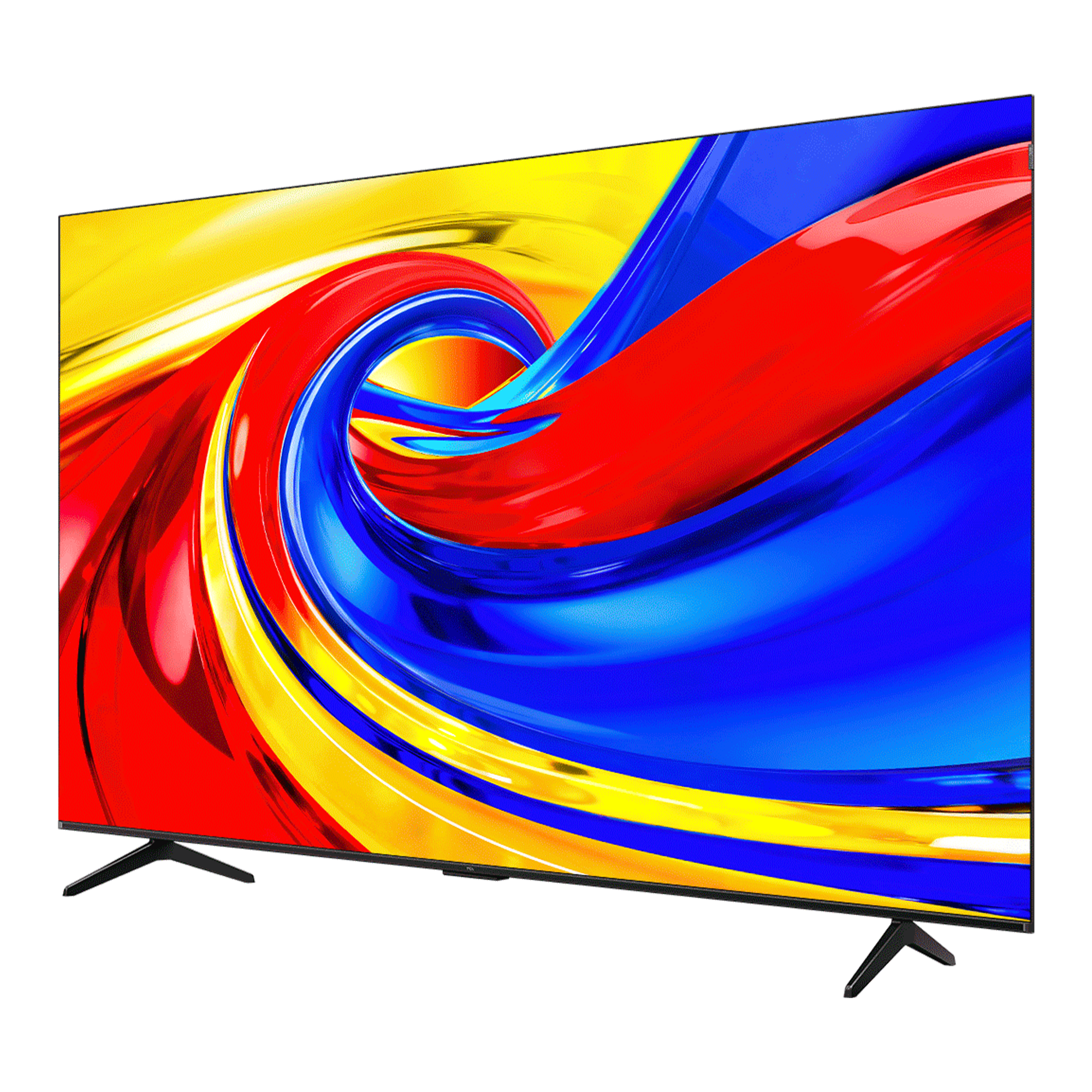 Modern bir TV, kırmızı, sarı ve mavi renklerin canlı soyut girdabını gösteriyor.