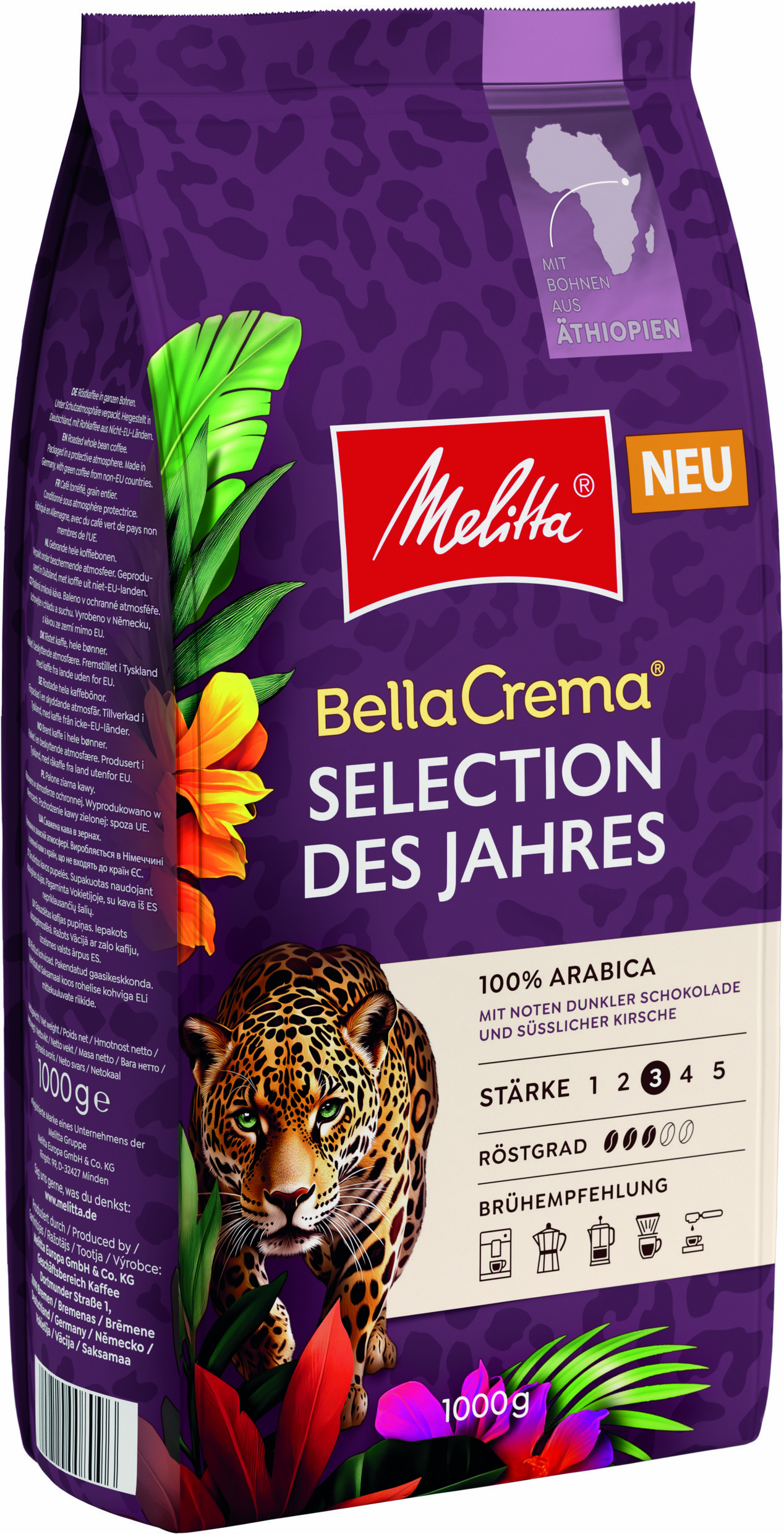 Melitta Bella Crema Kaffee mit Jaguar und tropischen Blättern. 1000g.