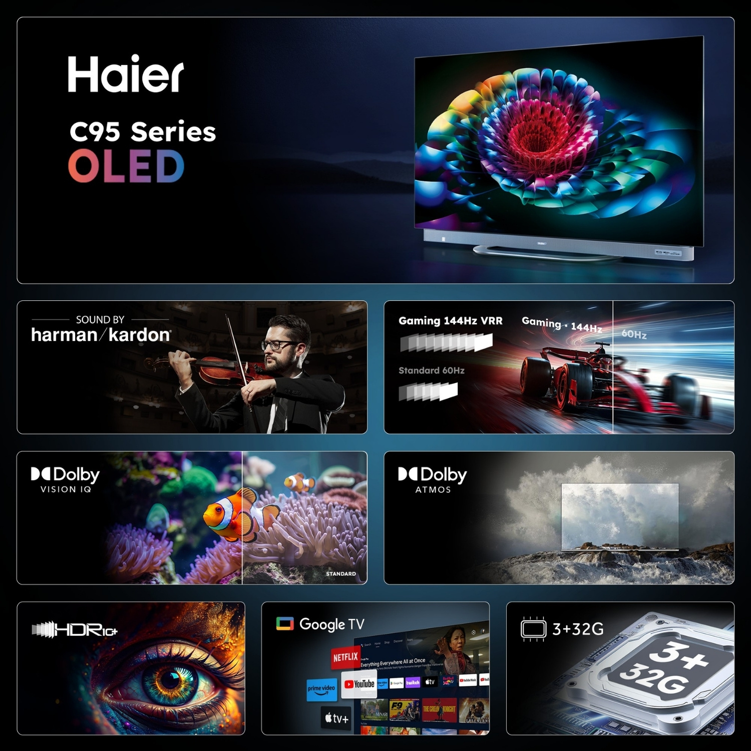 TV Haier C95 OLED con violinista, auto da corsa, subacqueo, occhio, Google TV e chip.