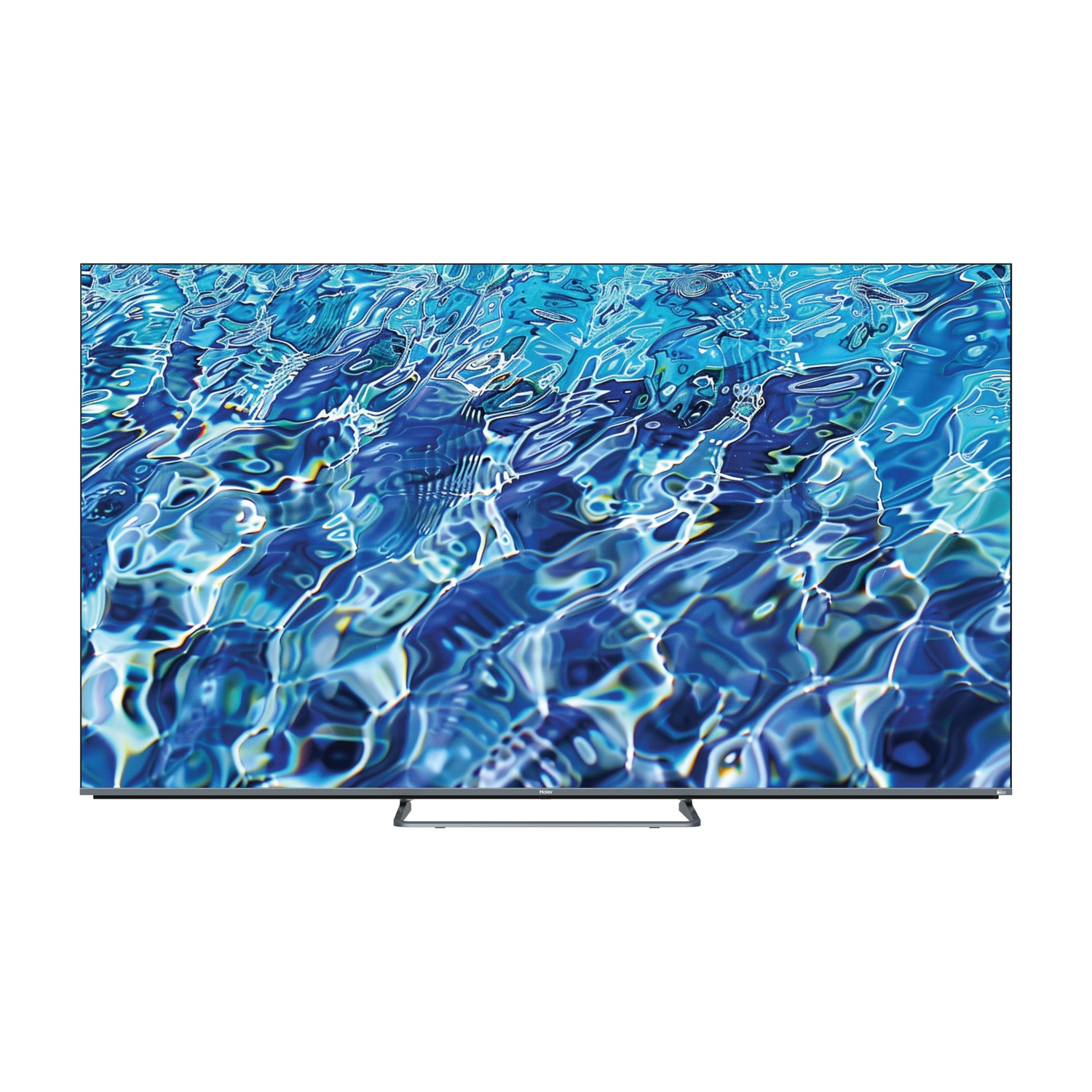 Un televisore moderno con un'immagine di acqua blu con riflessi di luce.