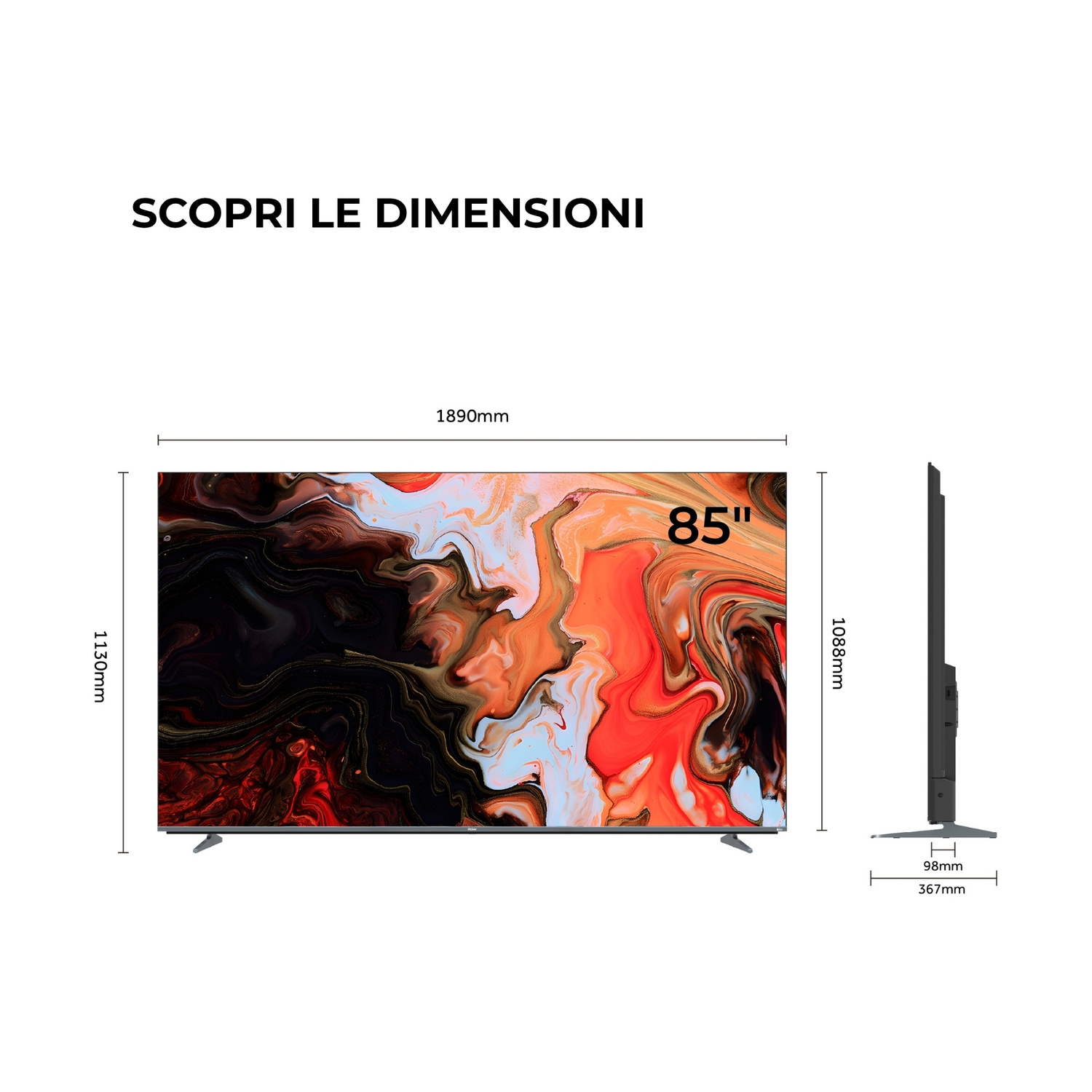 TV da 85 pollici con arte astratta, dimensioni 1890x1130x1088mm.