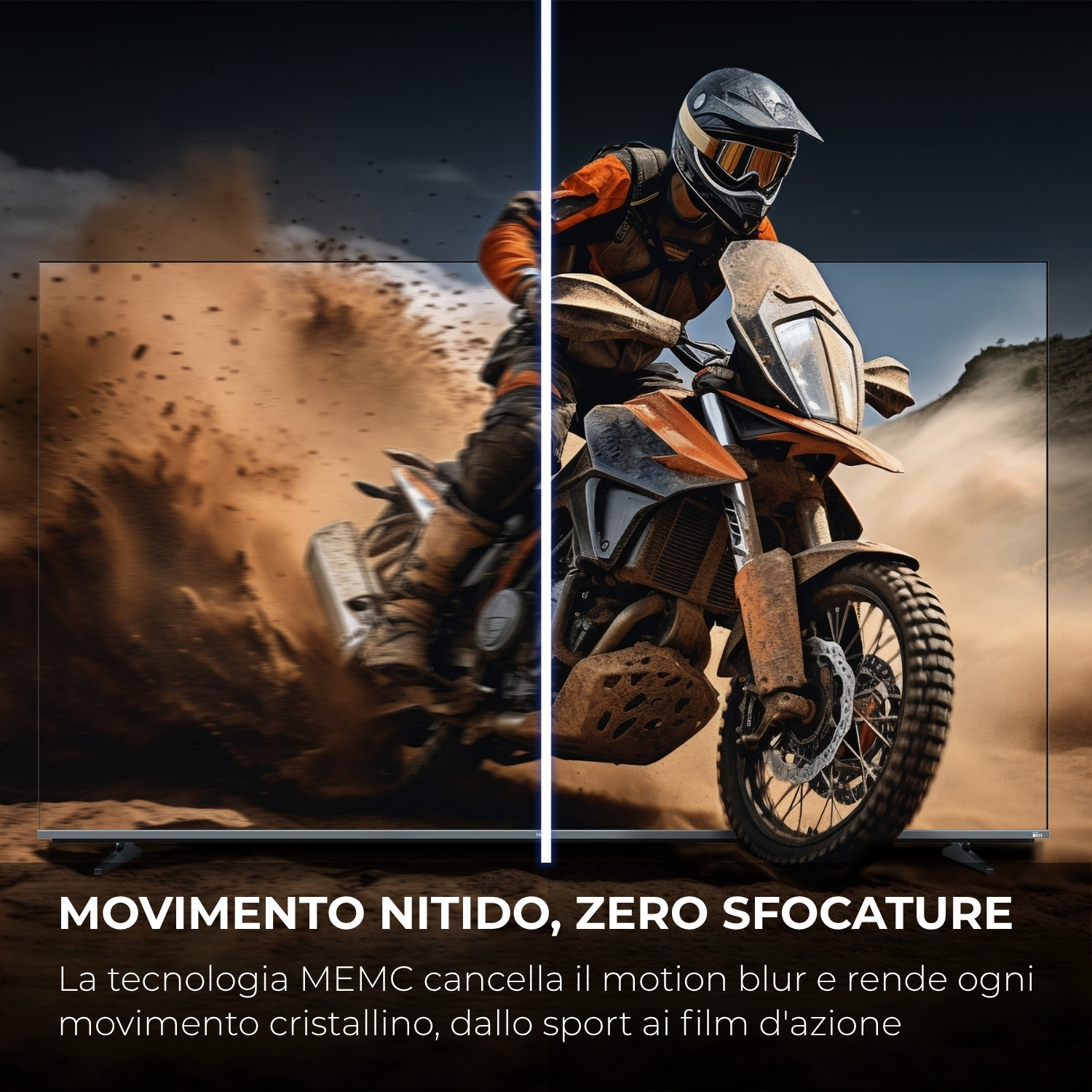Un motociclista guida su un sentiero polveroso. Azione nitida.