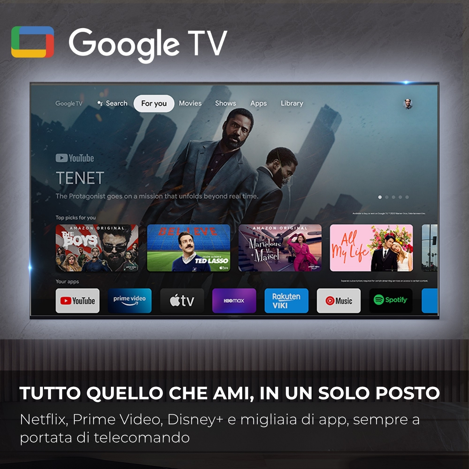 Schermata principale Google TV con film e app come Tenet e YouTube.