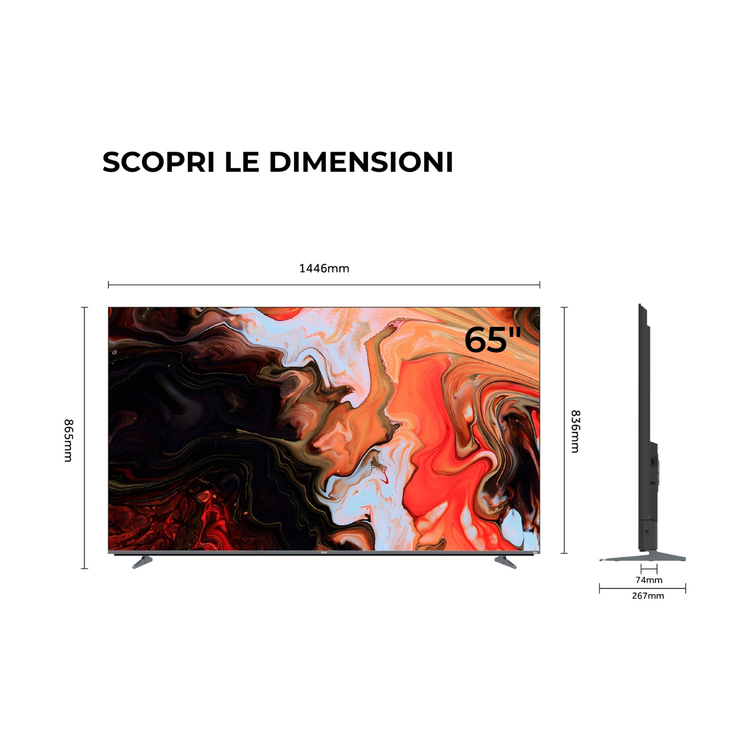 TV da 65 pollici con arte astratta. Dimensioni: 1446x865mm, profondità 74mm.