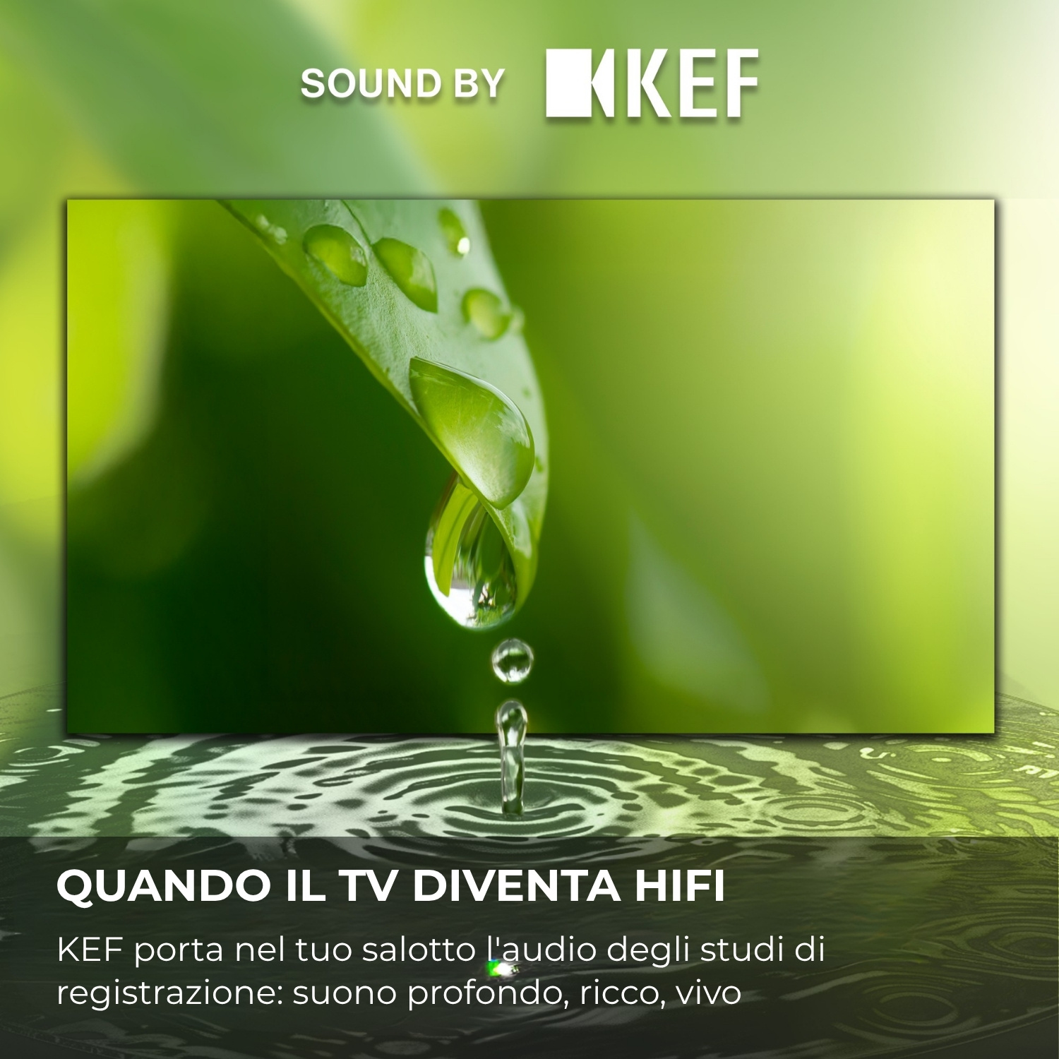 Foglia verde con gocce d'acqua, logo KEF, motivo ondulato.