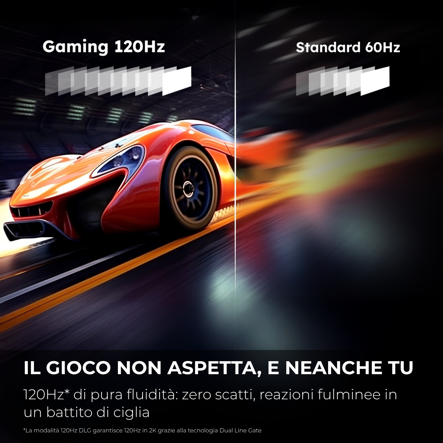 Auto da corsa rossa sfreccia su una pista, confrontando 120Hz e 60Hz.