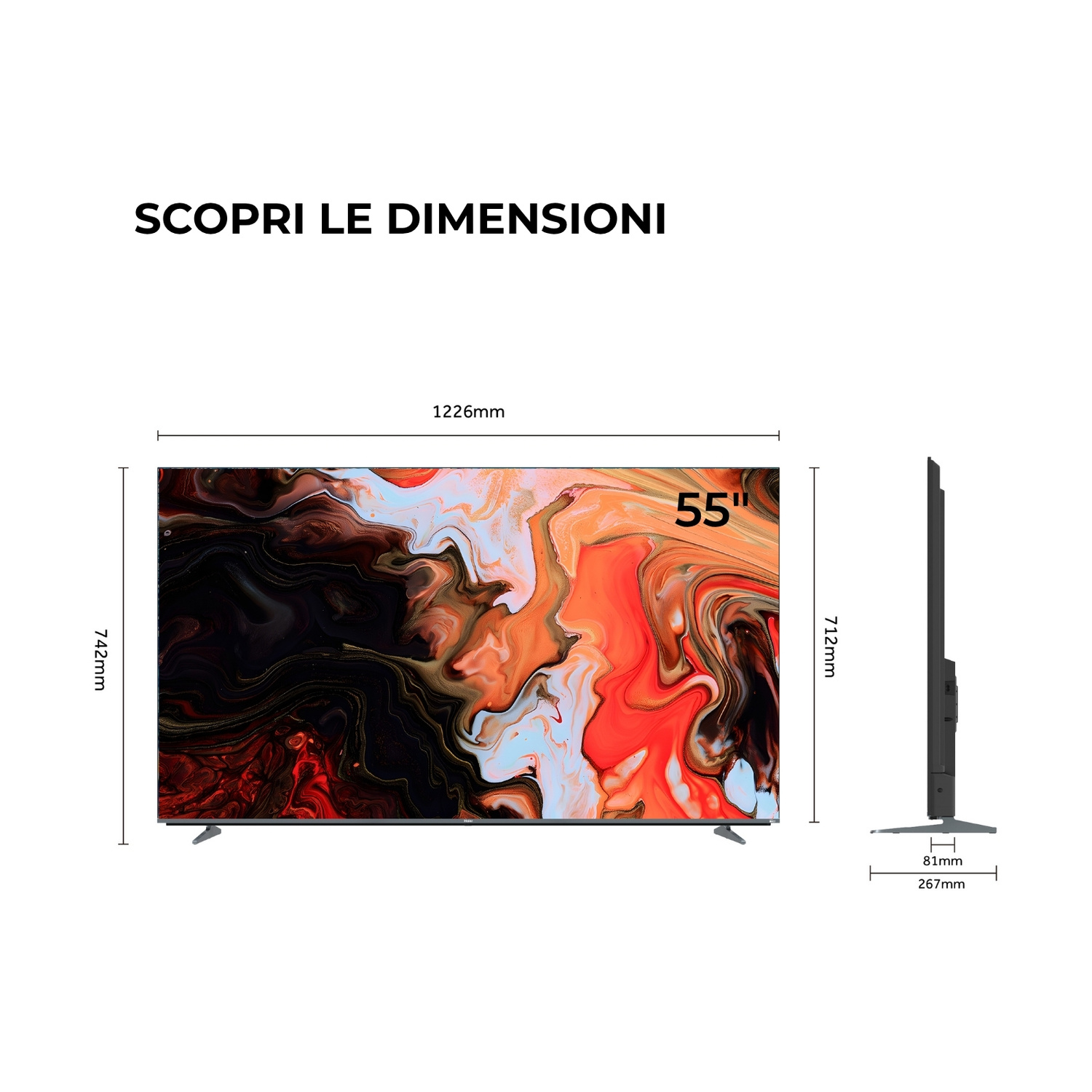 Un televisore da 55 pollici che visualizza un'immagine astratta arancione e nera.