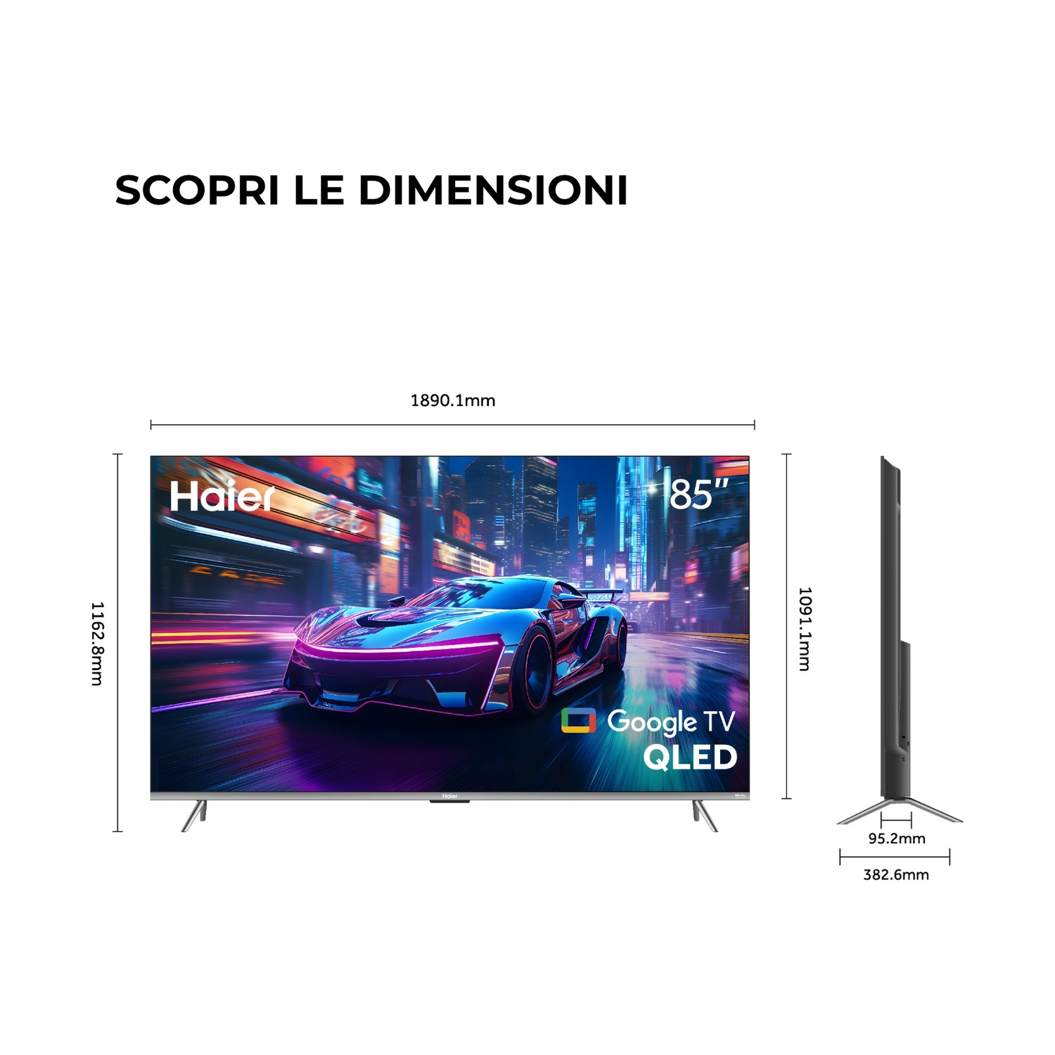 Una TV Haier QLED da 85 pollici con Google TV che mostra un'auto sportiva. Vengono indicate le dimensioni.