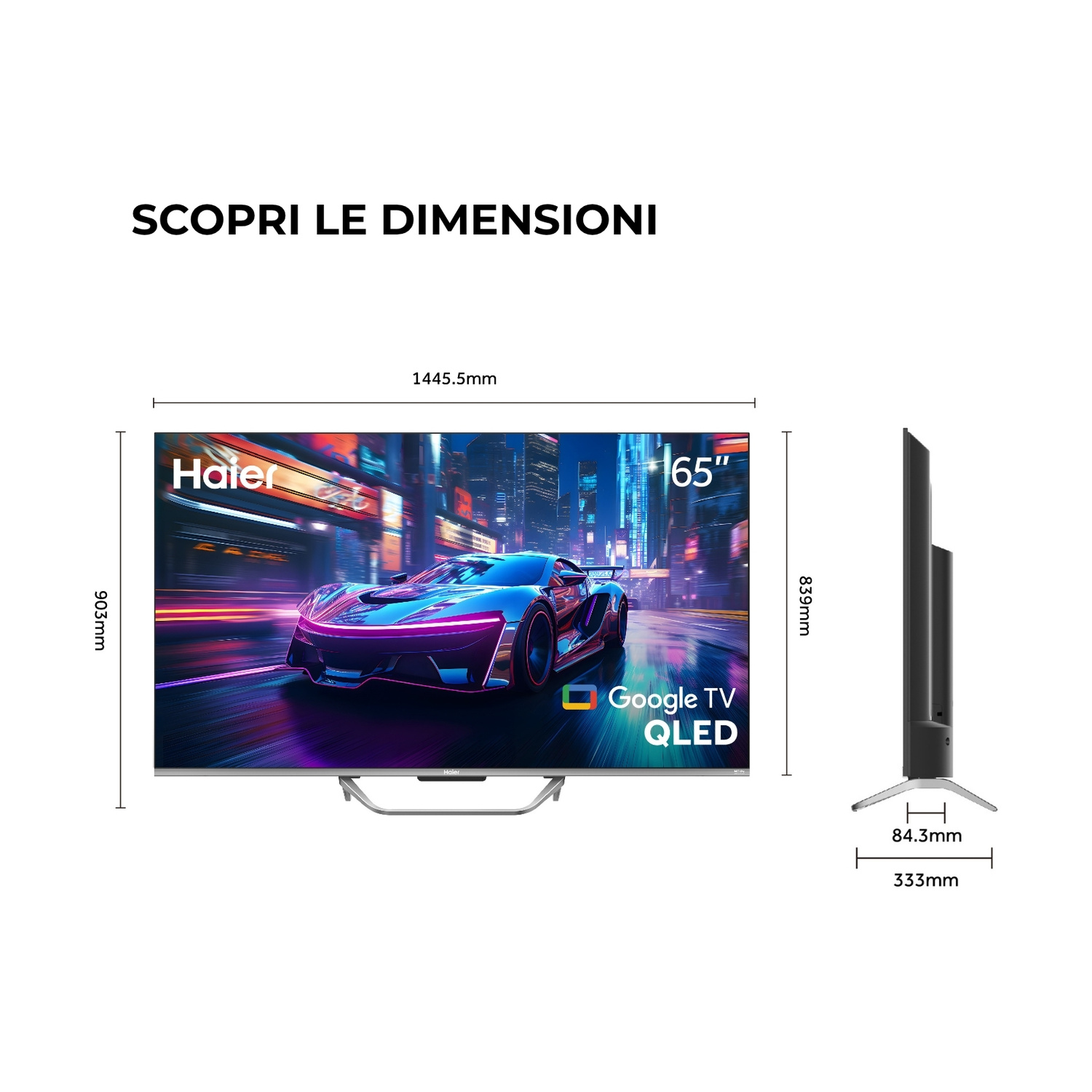 Viene mostrato un Google TV QLED Haier da 65 pollici con dimensioni.