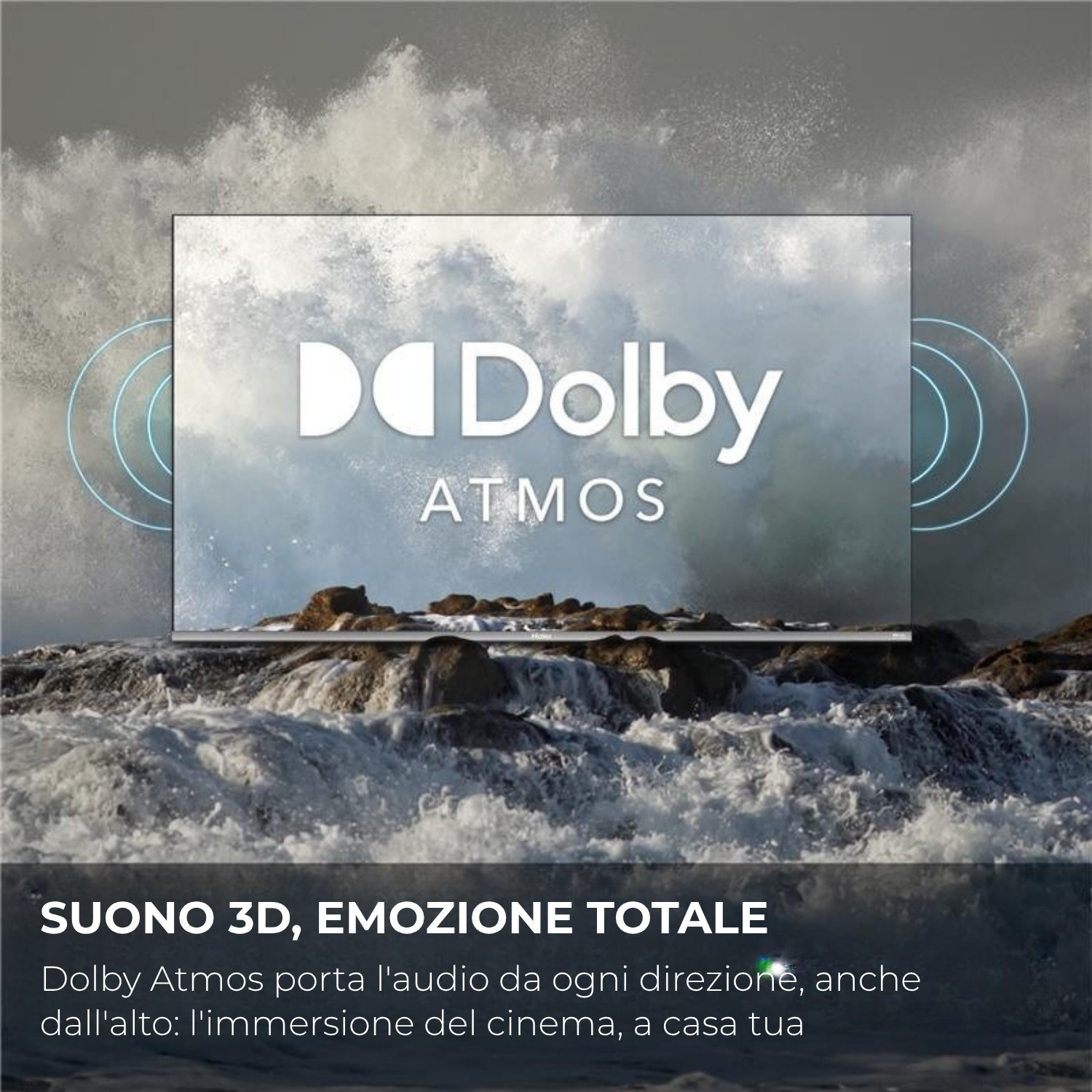 Logo Dolby Atmos su mare in tempesta. Suono 3D e immersione cinema.