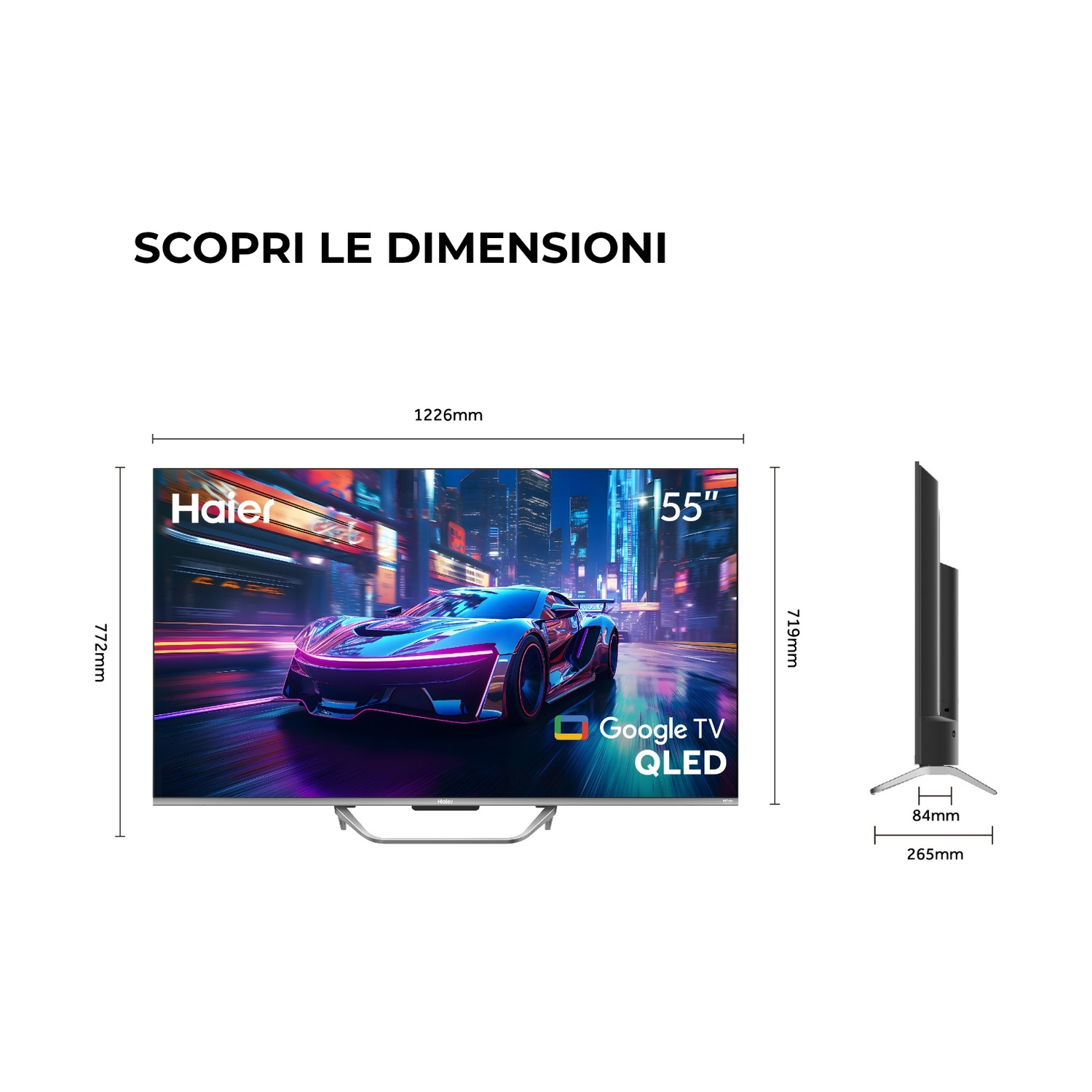 Un TV Haier QLED Google TV da 55 pollici con piedistallo argentato e dimensioni.