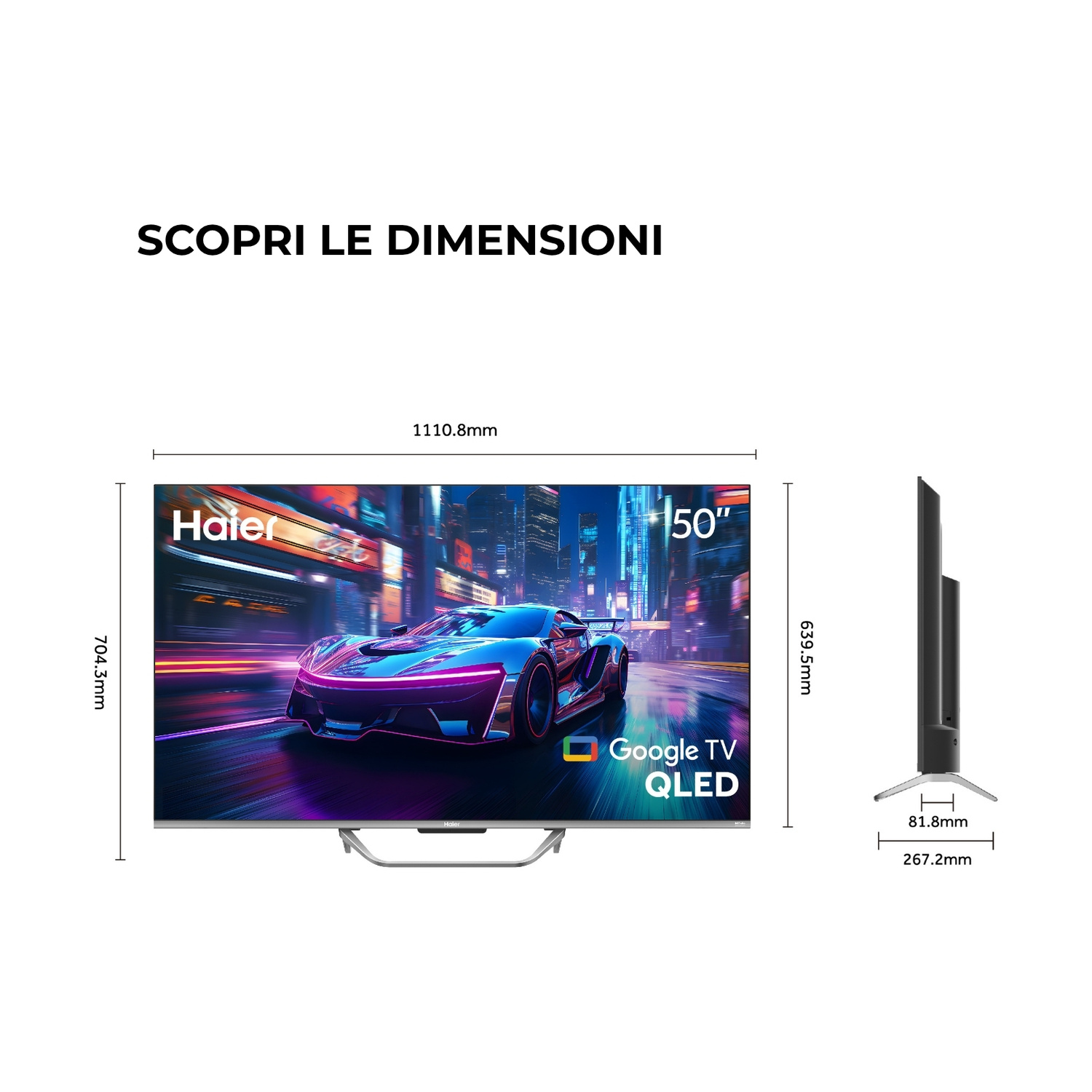 Un Haier 50" Google TV QLED con dimensioni mostrate. Un'auto futuristica sullo schermo.