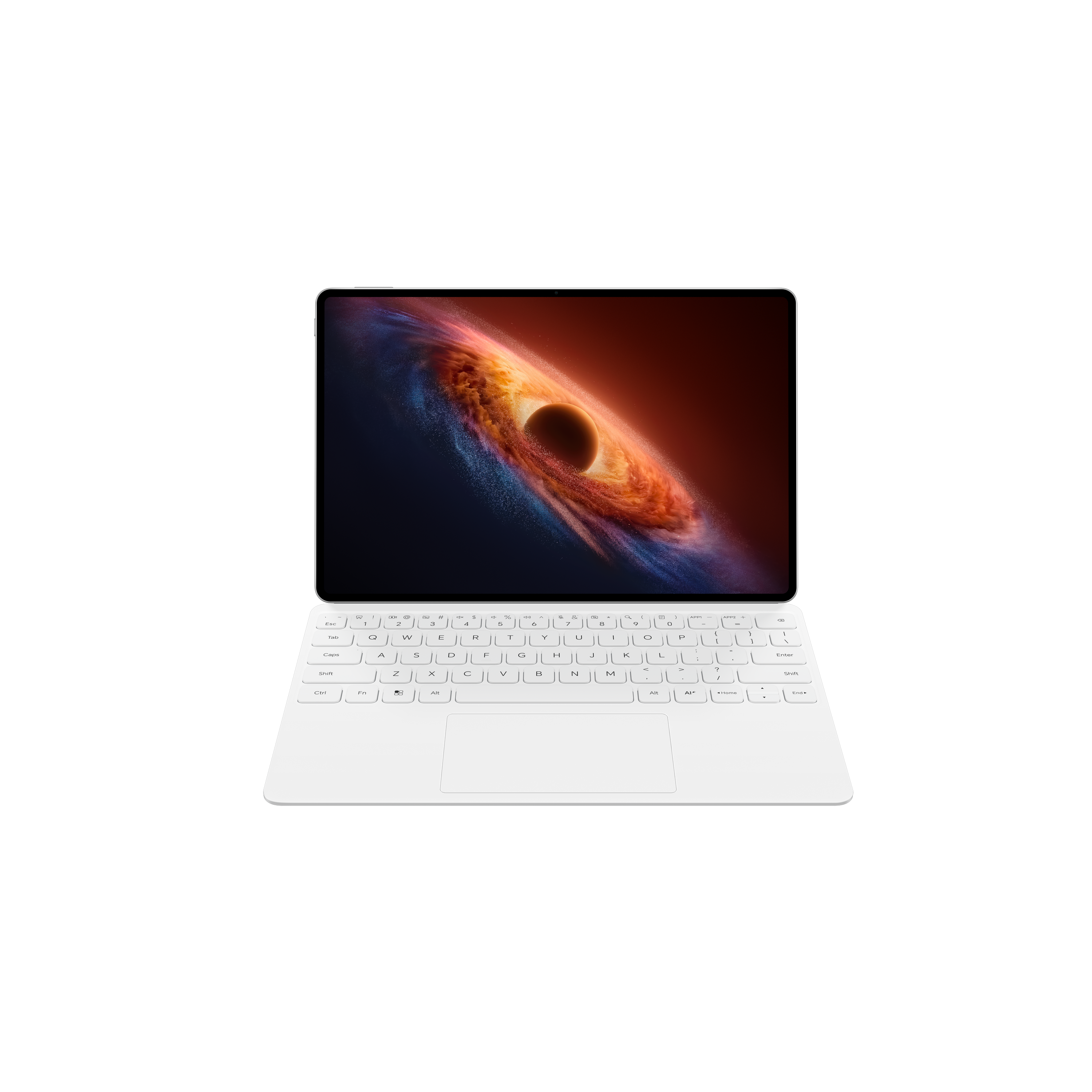 Soyut bir kozmik arka plan gösteren beyaz tablet ve klavye.