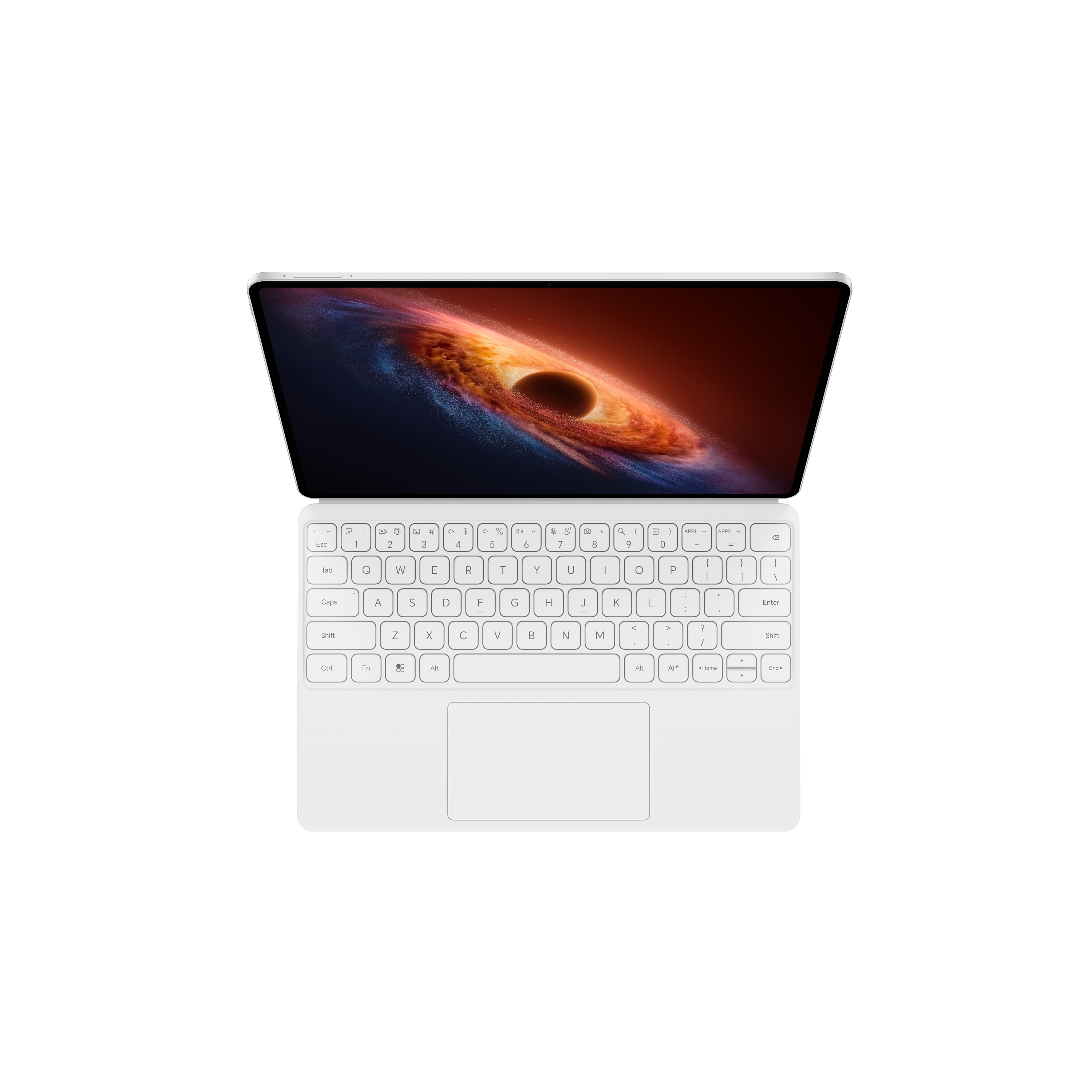 Ekranında uzay arka planı ve klavyeli beyaz tablet.