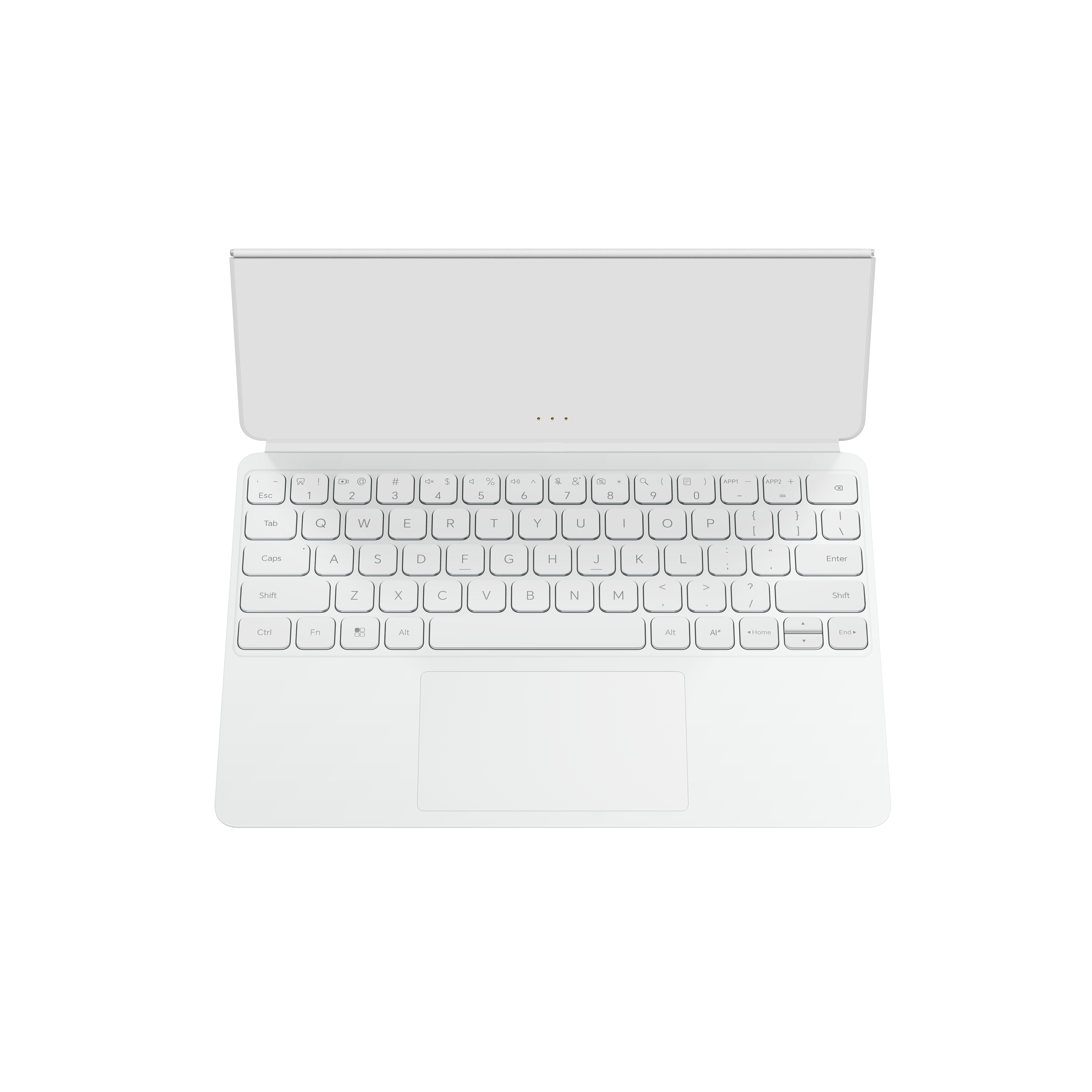 QWERTZ tuşlu ve dokunmatik yüzeyli beyaz tablet klavye kılıfı.