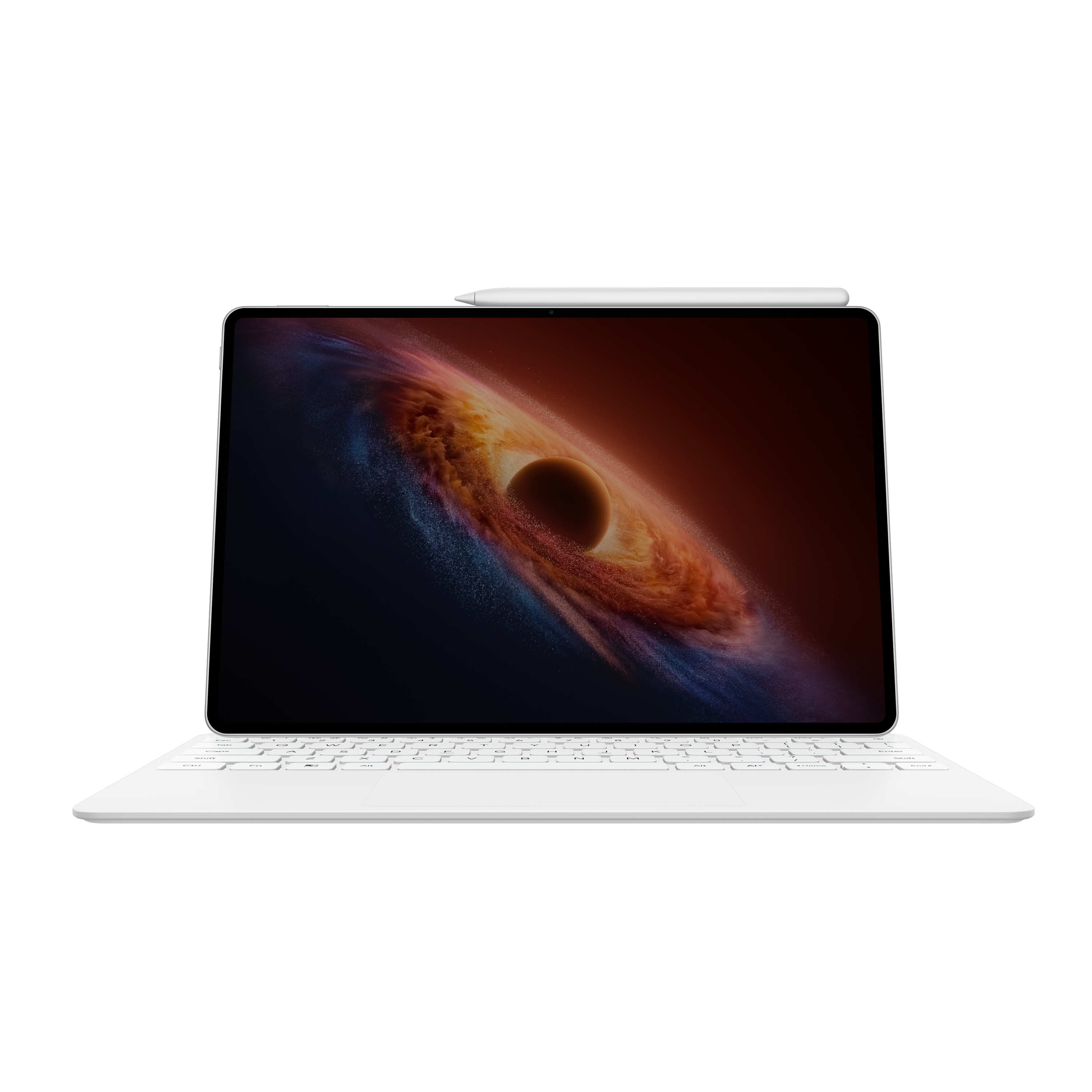 Klavye ve kalemli beyaz tablet, ekranında bir galaksi gösteriyor.