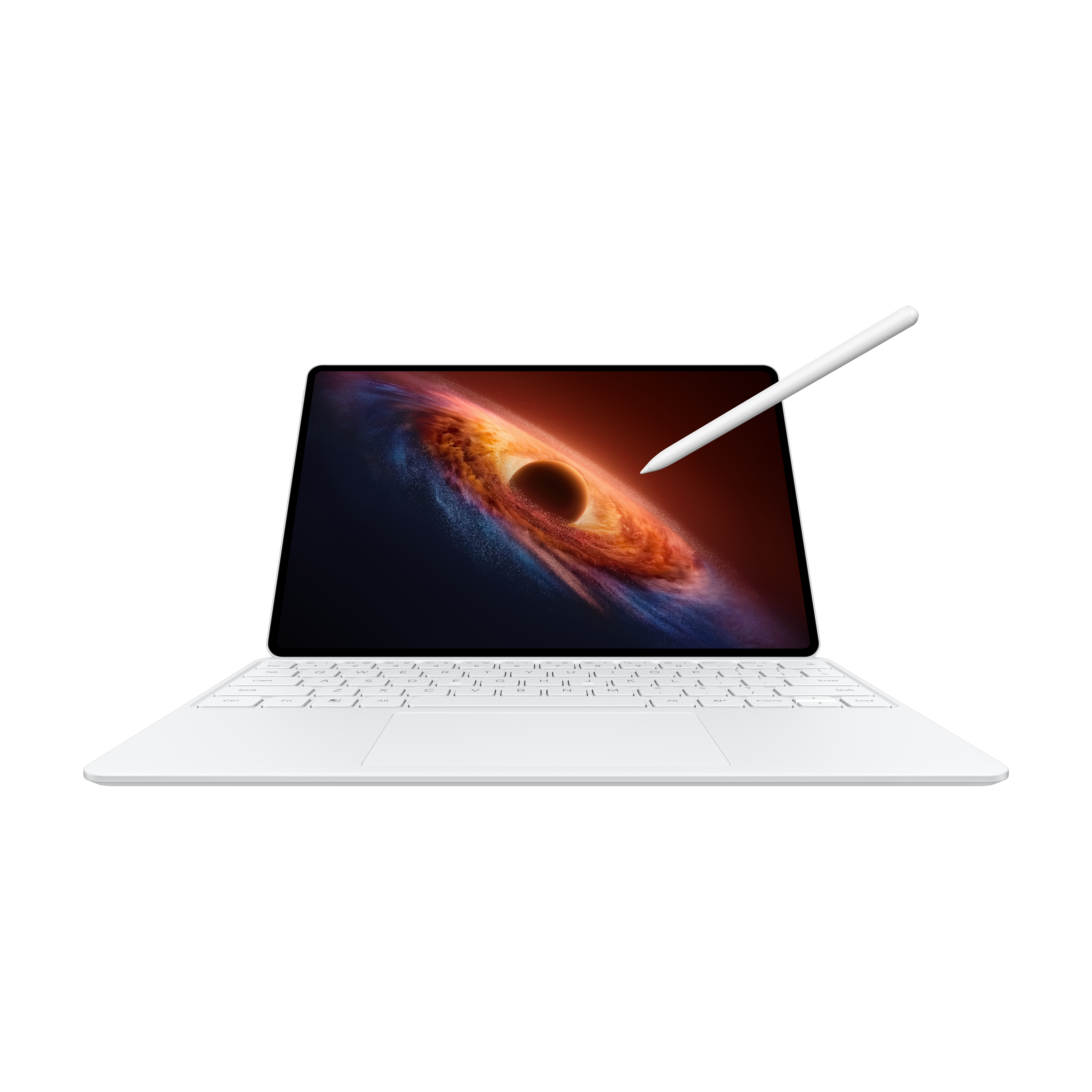 Kozmik bir bulutsu gösteren, klavyeli ve kalemli beyaz tablet.