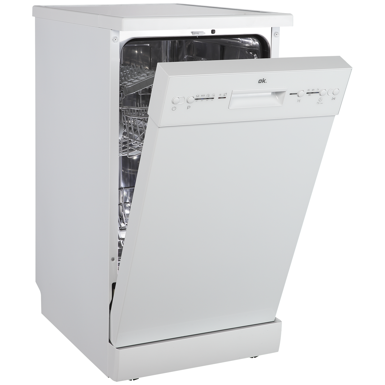 Een witte vaatwasser met geopende deur, interieur en bedieningspaneel zichtbaar.