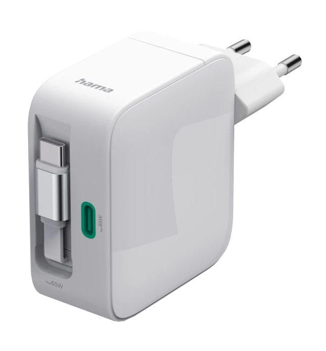 Biały adapter zasilający Hama z portem USB-C i dwoma bolcami.