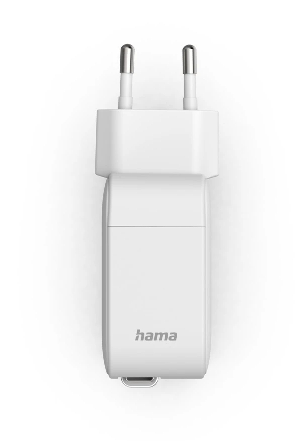 Biały adapter zasilający Hama z dwoma srebrnymi bolcami i portem USB-C na dole.