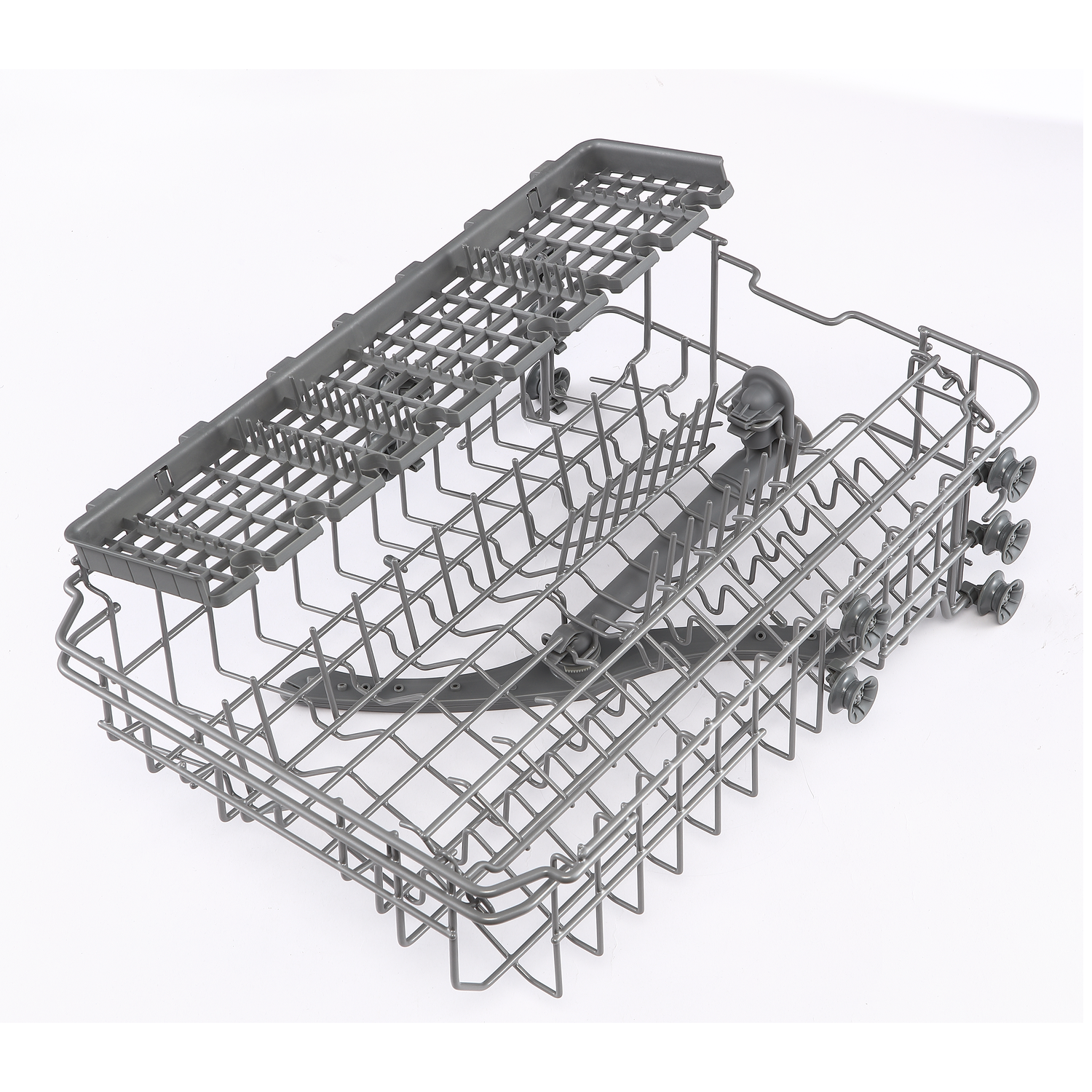 Grijze metalen vaatwasrek met wielen en plastic onderdelen.