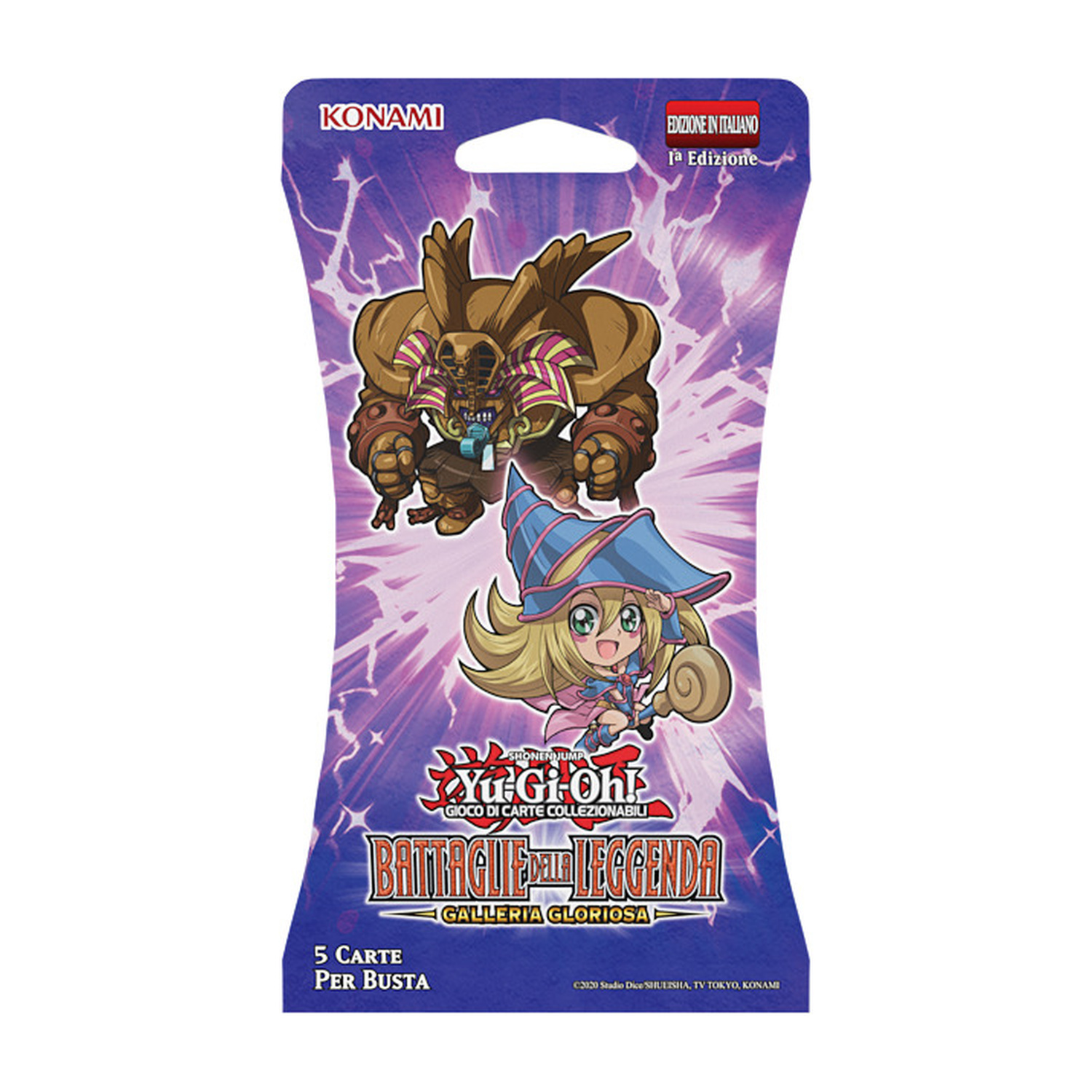 Confezione di carte collezionabili Yu-Gi-Oh! con personaggi e fulmini.