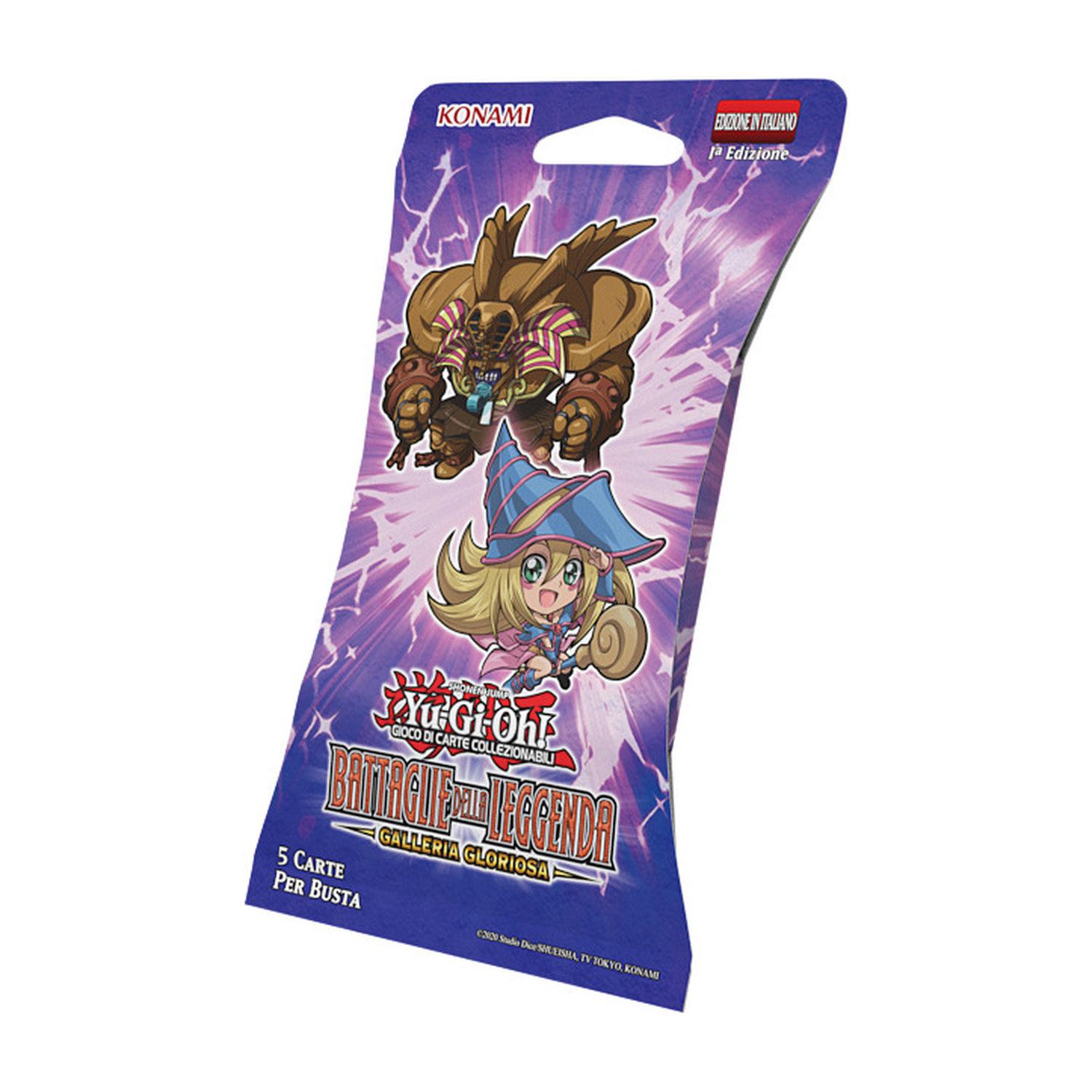 Busta di carte Yu-Gi-Oh! con Dark Magician Girl e Slifer, prima edizione.