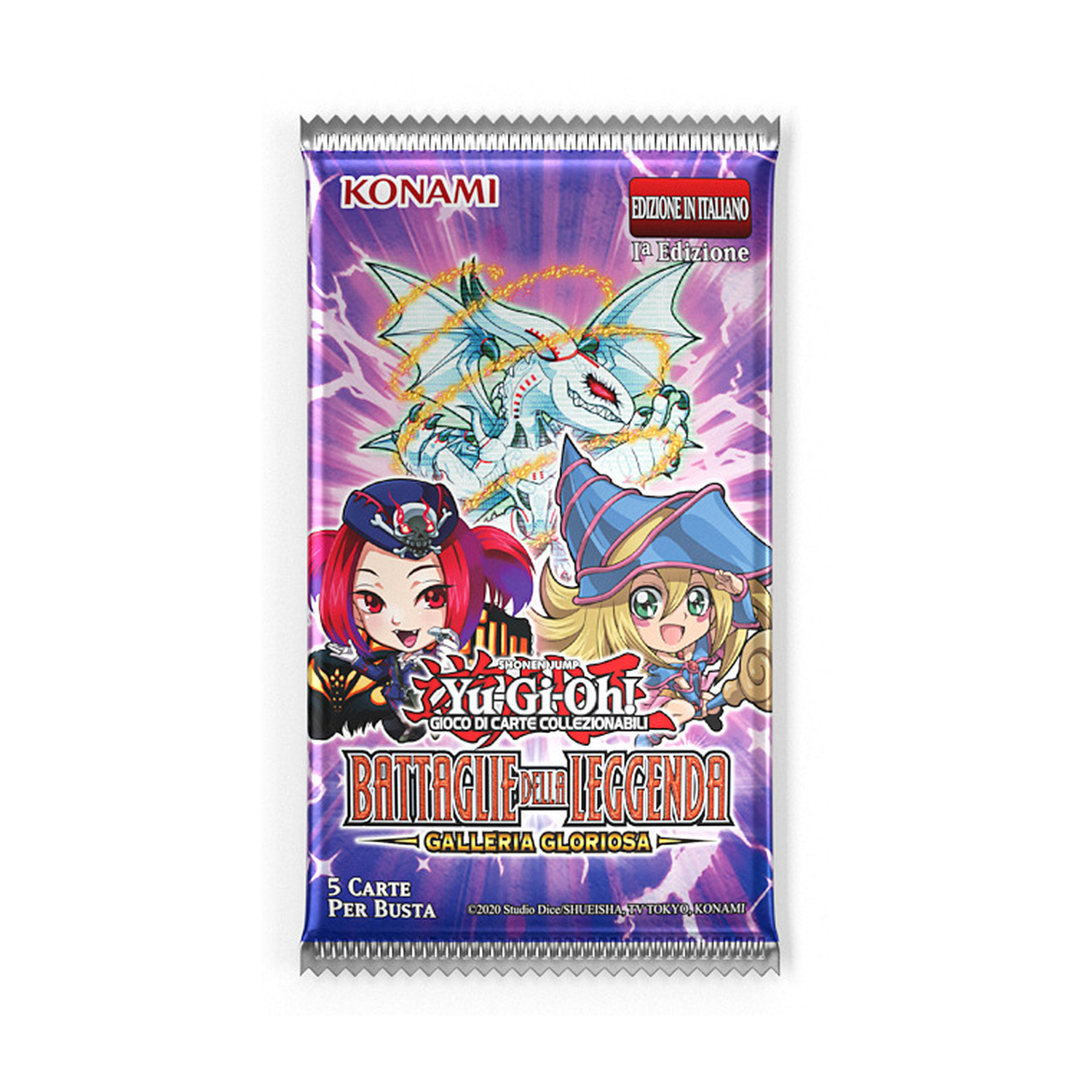 Busta carte Yu-Gi-Oh! con draghi, maghi, pirati. Logo Konami. Ed. Italiana.