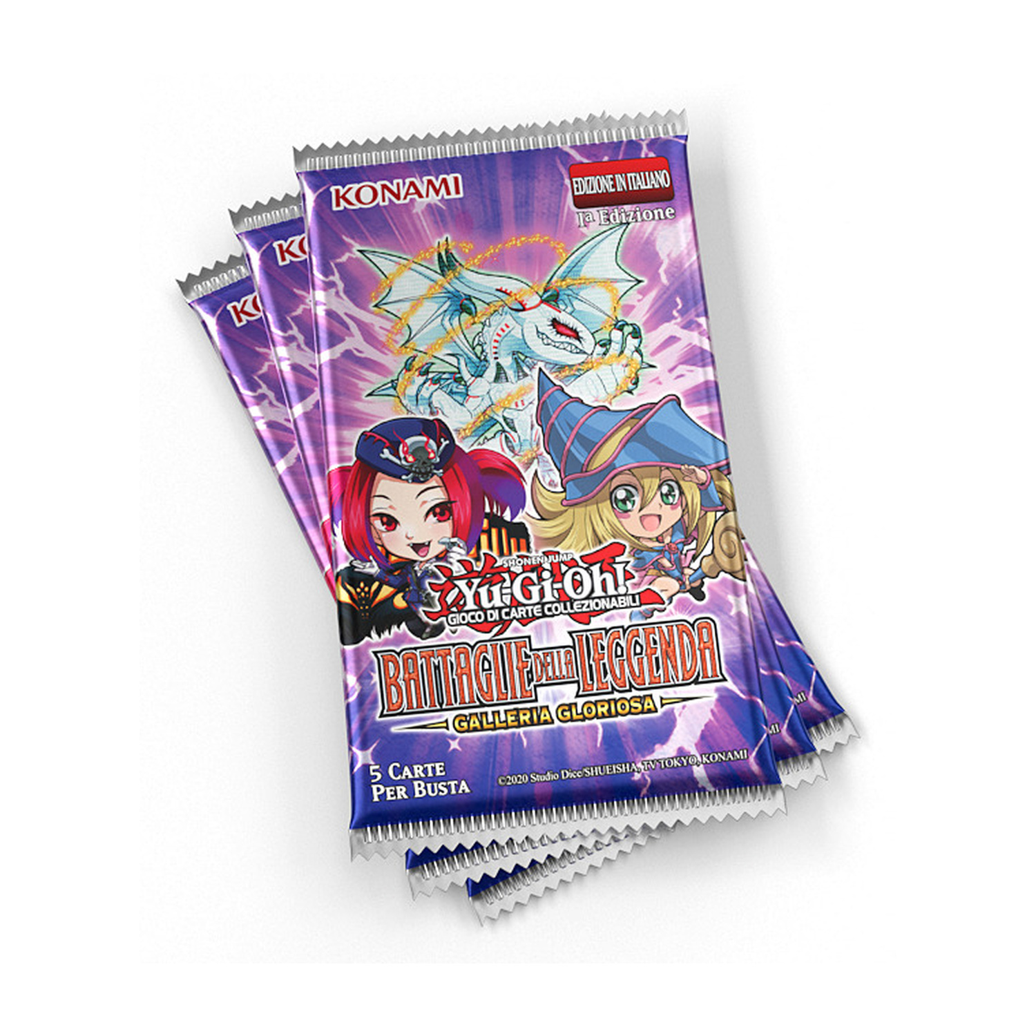 Tre buste di carte collezionabili Yu-Gi-Oh! con draghi e personaggi.