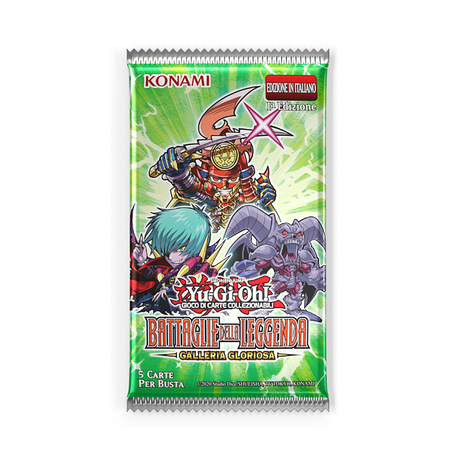 Confezione gioco di carte collezionabili Yu-Gi-Oh! con personaggi e logo Konami.