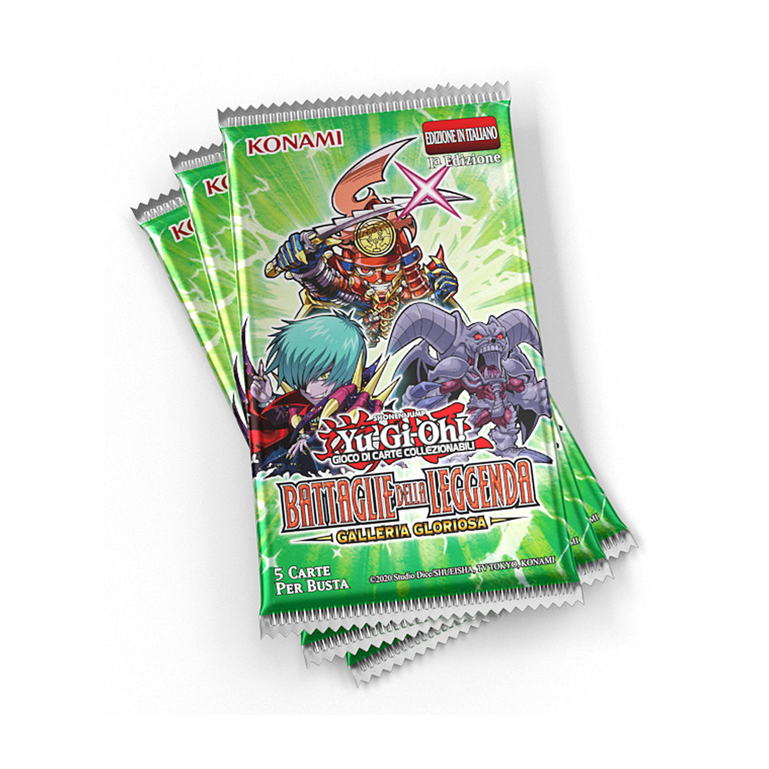 Tre buste verdi di carte collezionabili Yu-Gi-Oh! con artwork dei personaggi.