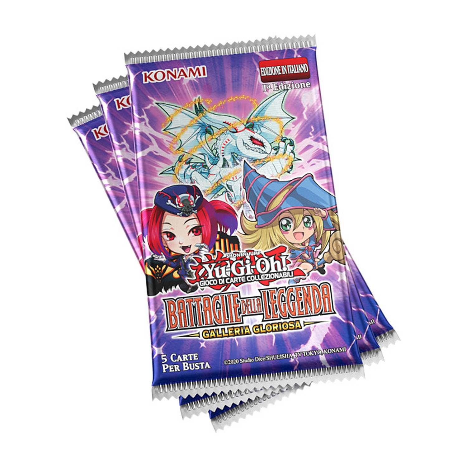 Tre buste di espansione di carte collezionabili Yu-Gi-Oh! su sfondo viola con draghi e personaggi.