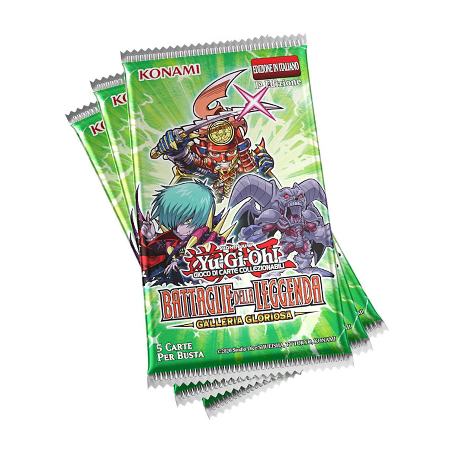 Tre buste di carte collezionabili Yu-Gi-Oh! con personaggi e scritte colorate.