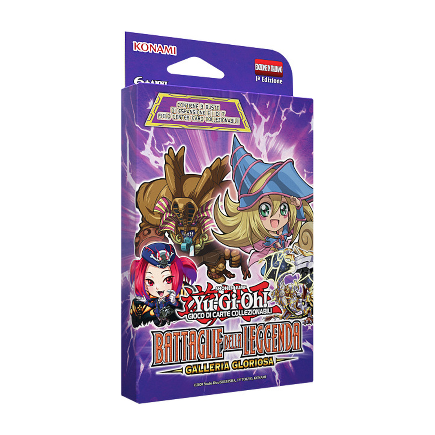 Scatola del gioco di carte Yu-Gi-Oh! con personaggi e sfondo di fulmini viola.