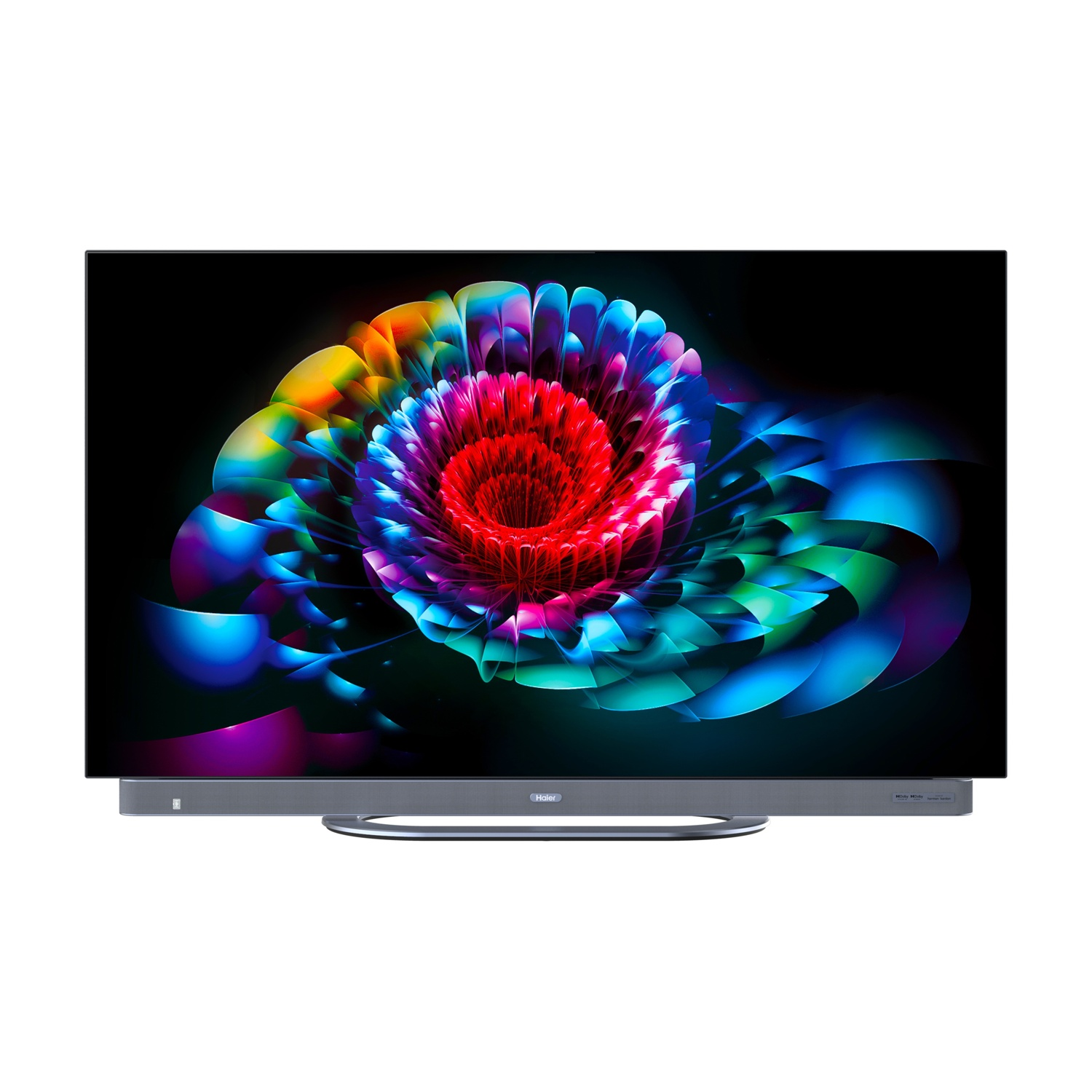 Una TV moderna mostra un vibrante design floreale astratto con colori rosso, blu e verde.