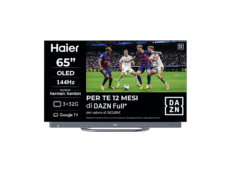 Haier H65C95EUX, Smart TV OLED 65", 4K, Google TV, 144Hz, Dolby Vision & Atmos, Harman Kardon, Abbonamento DAZN Full 12 mesi incluso