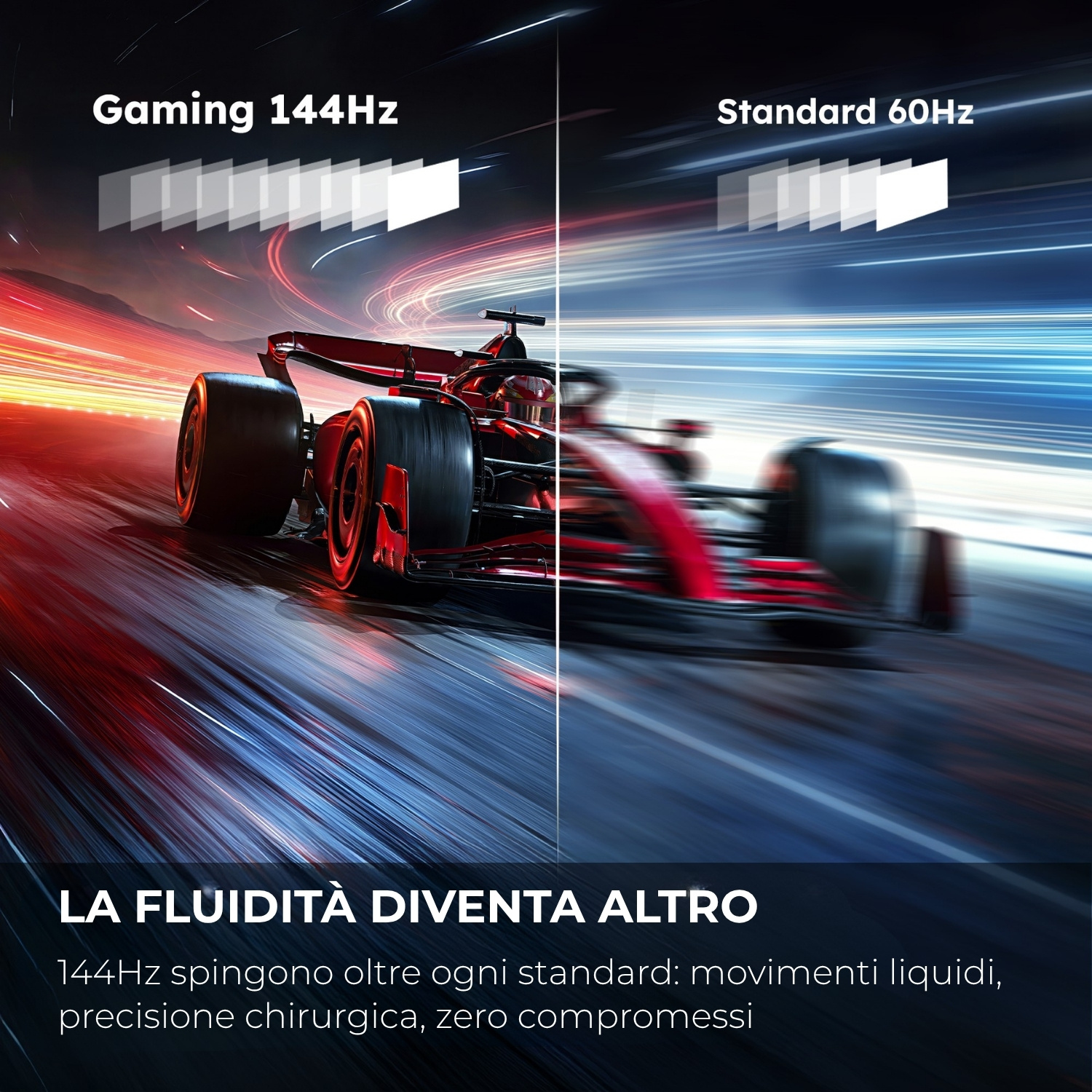 Auto F1 a 144Hz vs 60Hz. Sinistra più fluida, destra con effetto mosso.