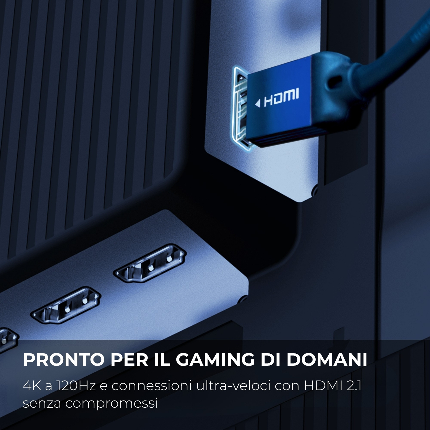 Un cavo HDMI 2.1 blu si collega a un dispositivo nero con porte.