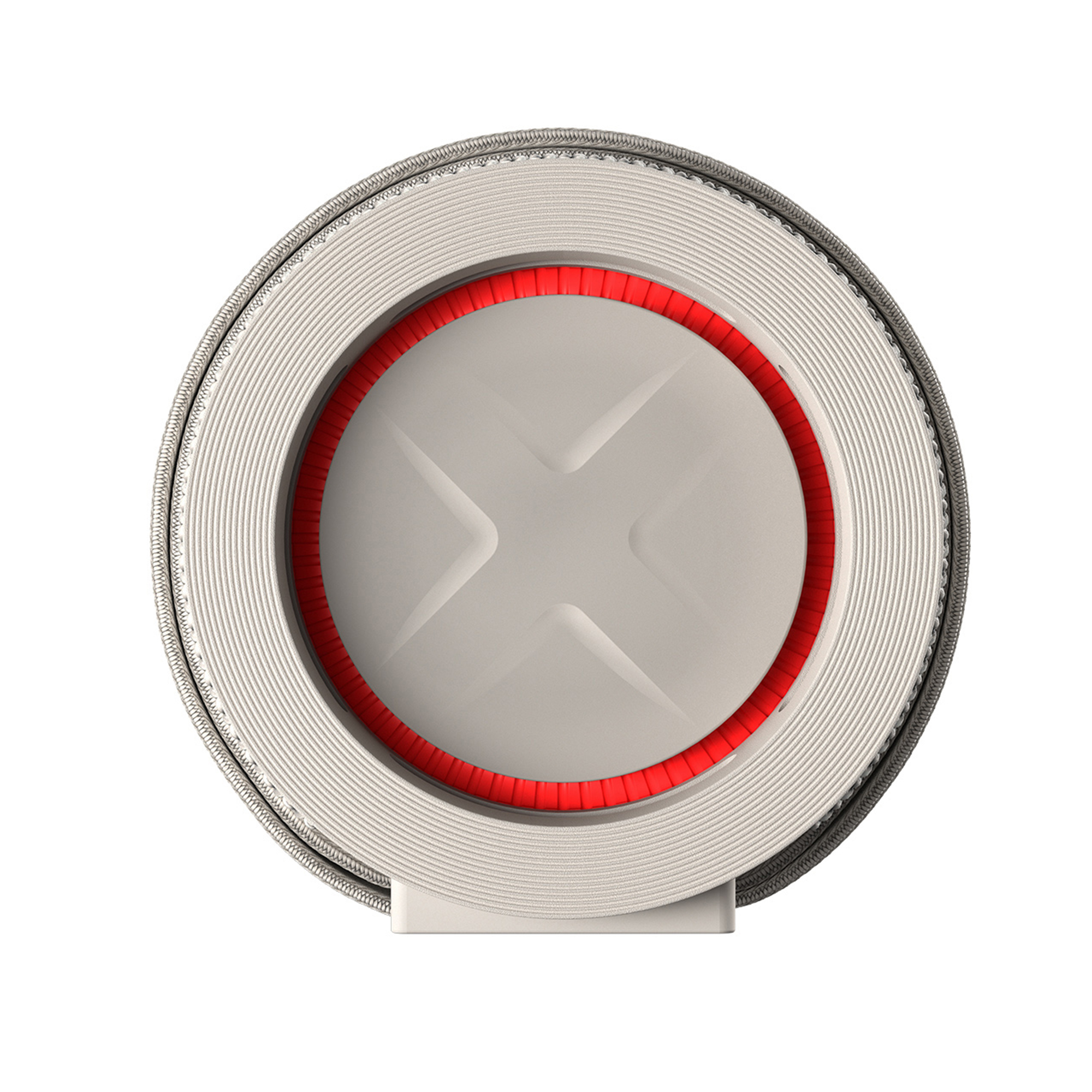 Altavoz gris con anillo rojo y patrón X sobre fondo blanco.