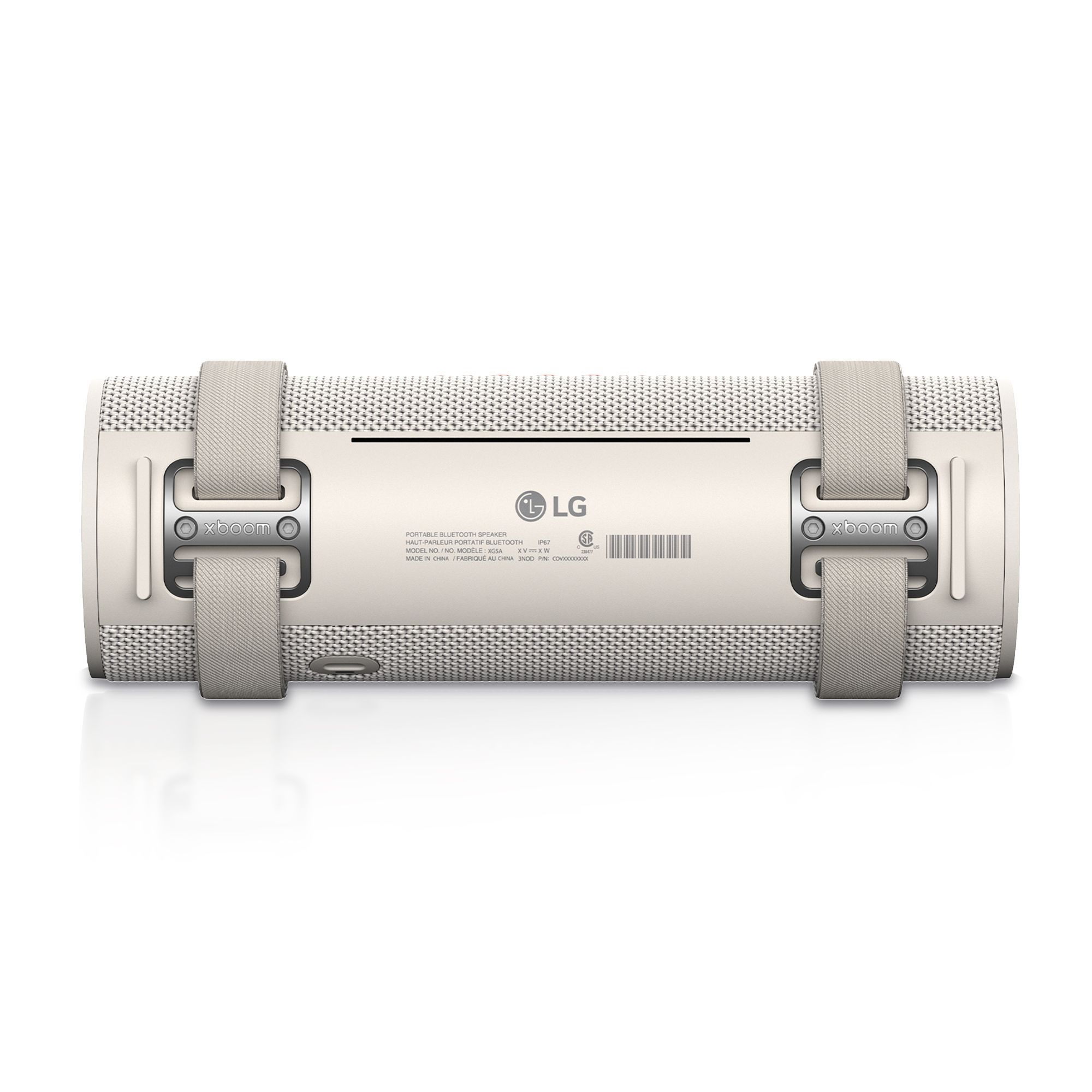Un altavoz Bluetooth portátil LG XBOOM blanco con correas.