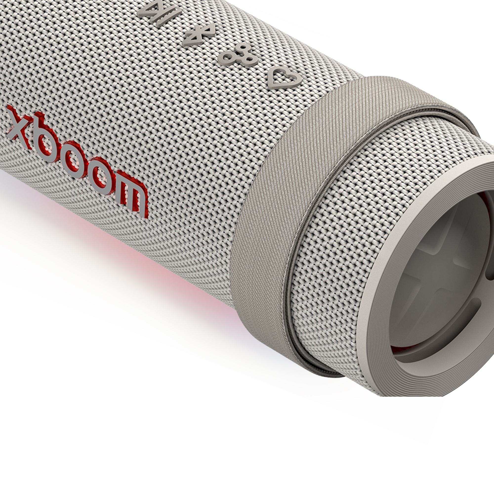 Un altavoz portátil con logo rojo y botones grises sobre fondo blanco.