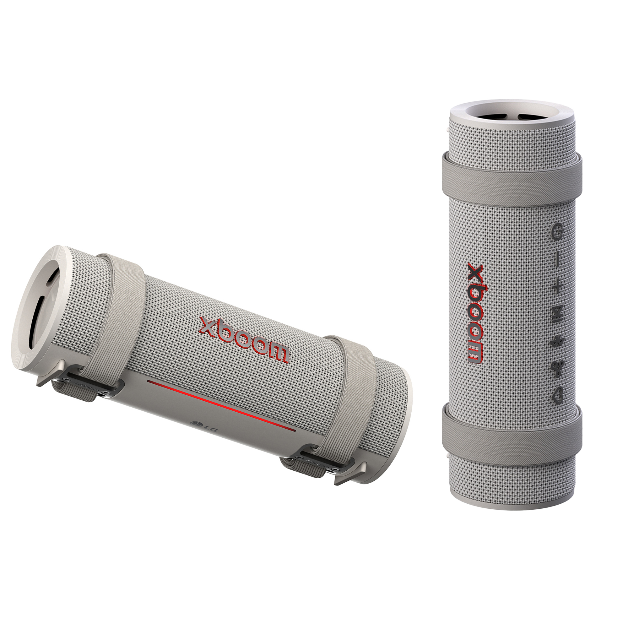 Dos altavoces LG XBOOM blancos con correas grises, uno está inclinado.